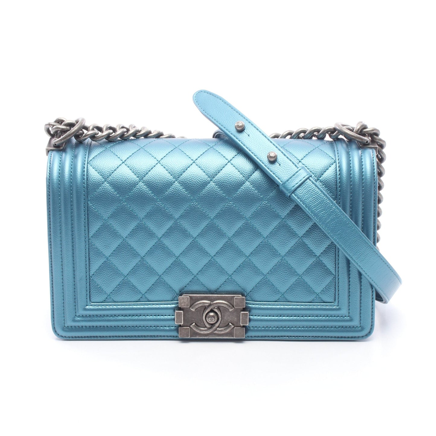 ボーイシャネル メタリック チェーンショルダーバッグ キャビアスキン ブルー シルバー金具 シャネル バッグ CHANEL