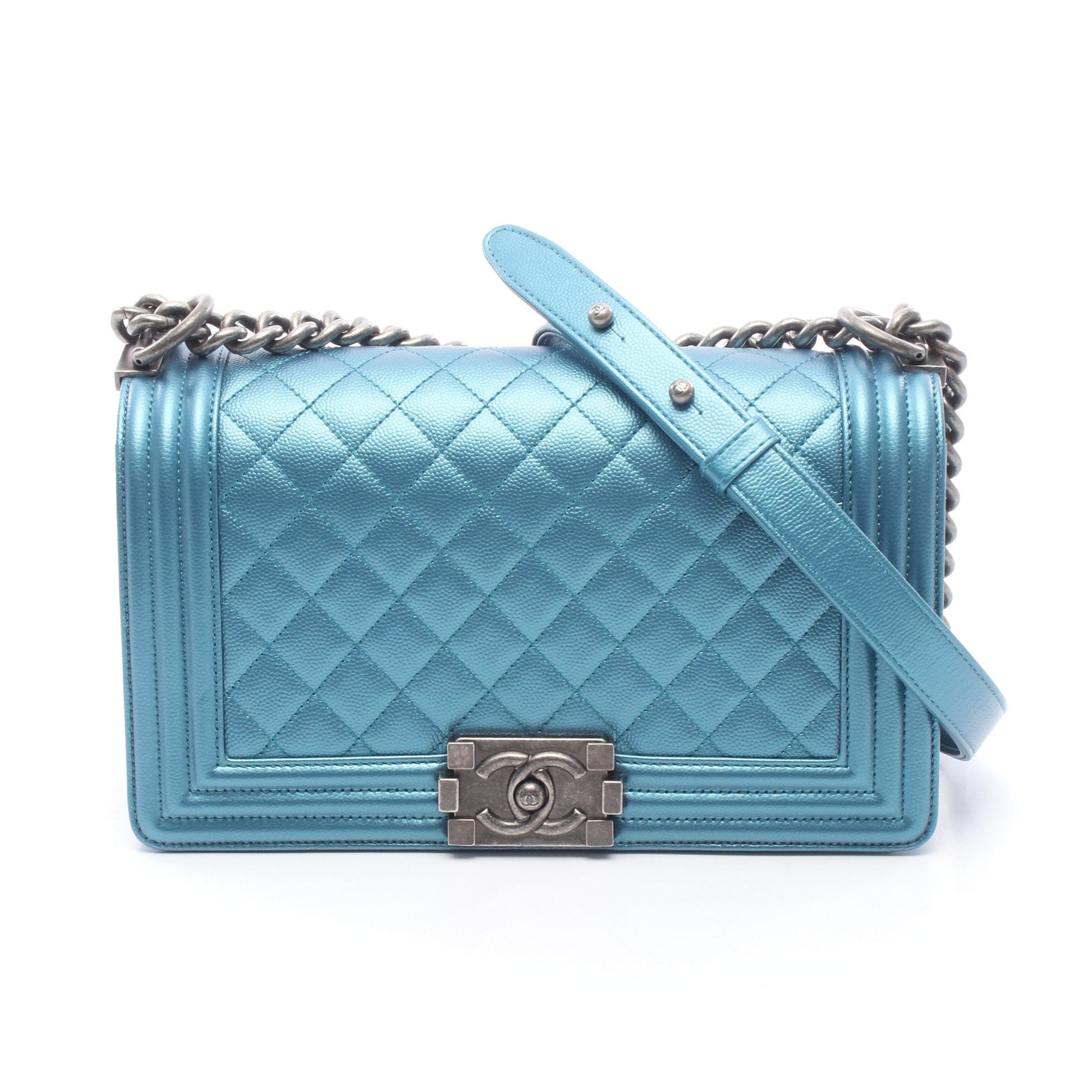 ボーイシャネル メタリック チェーンショルダーバッグ キャビアスキン ブルー シルバー金具 シャネル バッグ CHANEL