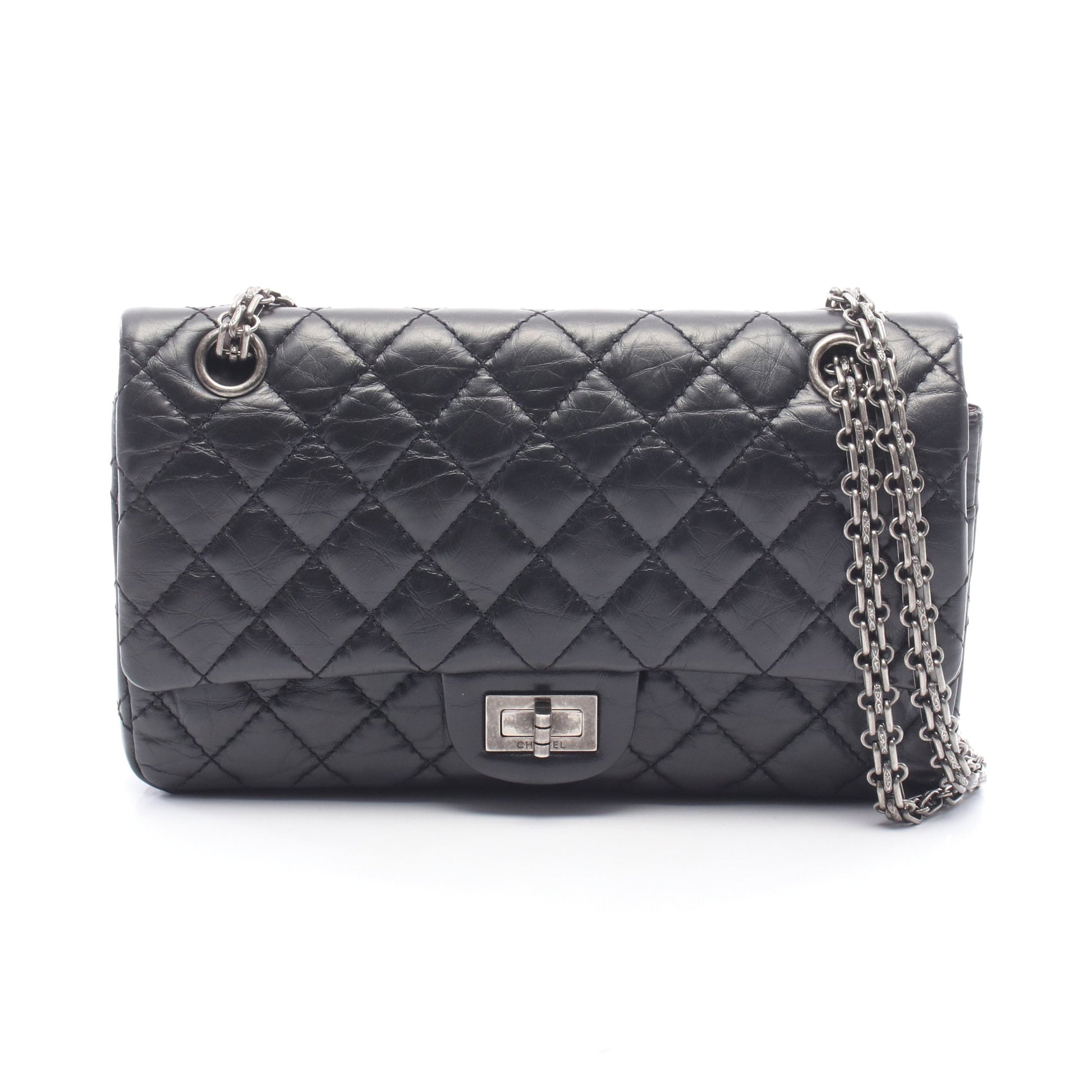 2.55 マトラッセ マドモアゼルチェーン Wチェーンショルダーバッグ レザー ブラック シルバー金具 シャネル バッグ CHANEL