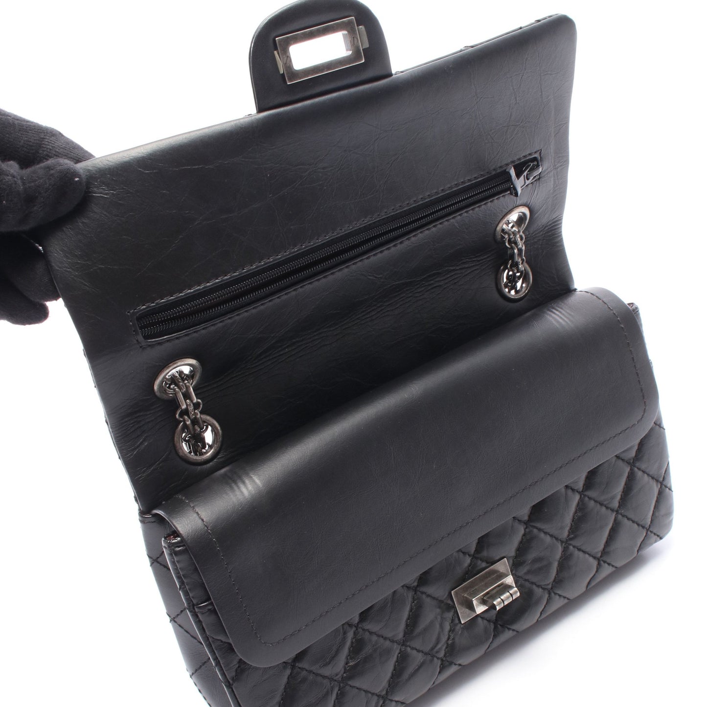 2.55 マトラッセ マドモアゼルチェーン Wチェーンショルダーバッグ レザー ブラック シルバー金具 シャネル バッグ CHANEL