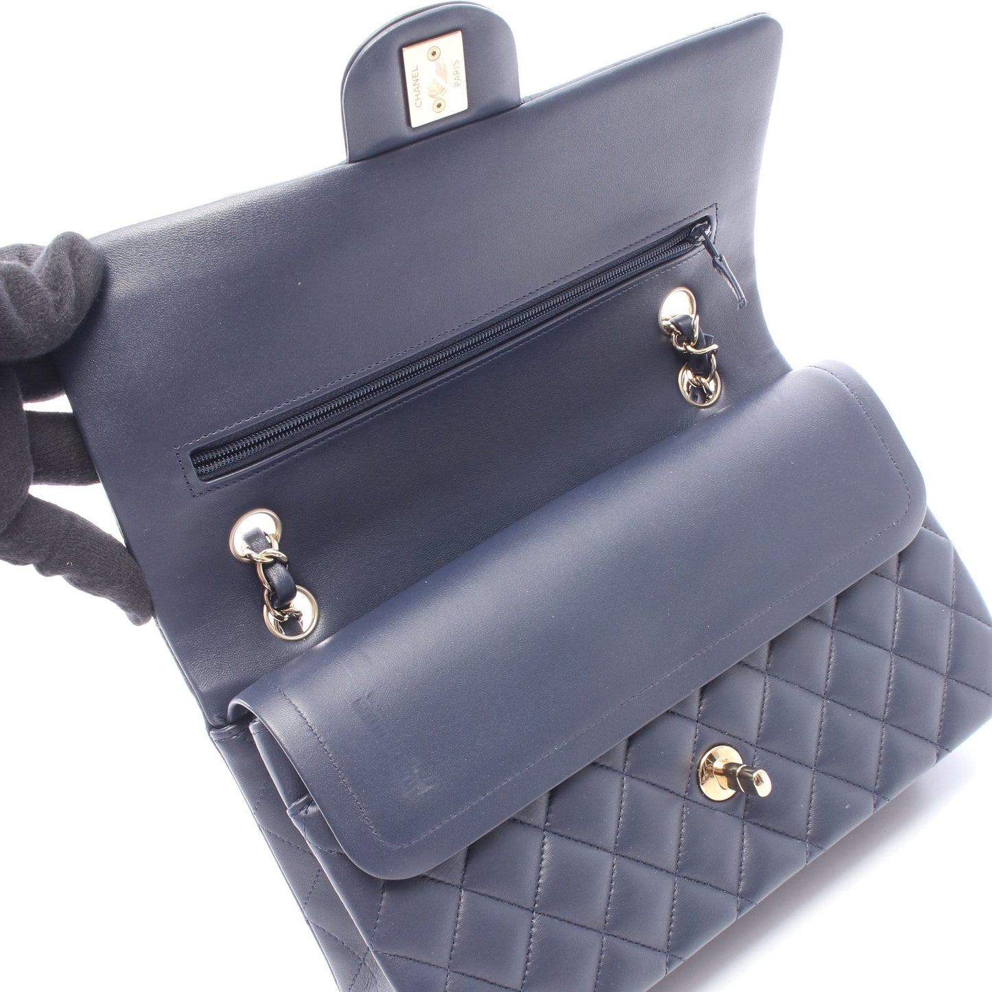 マトラッセ Wフラップ Wチェーンショルダーバッグ レザー ネイビー ゴールド金具 シャネル バッグ CHANEL