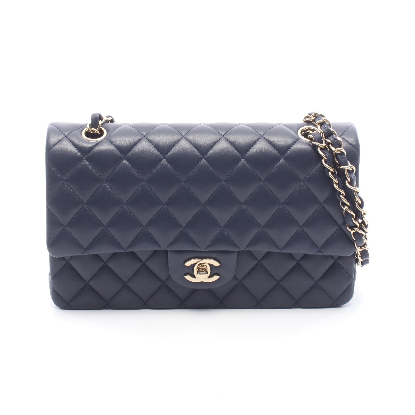 マトラッセ Wフラップ Wチェーンショルダーバッグ レザー ネイビー ゴールド金具 シャネル バッグ CHANEL