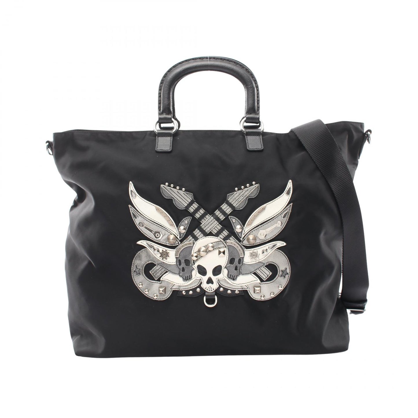 スカル スタッズ 2WAY ハンドバッグ トートバッグ ナイロン サフィアーノレザー ブラック プラダ バッグ PRADA