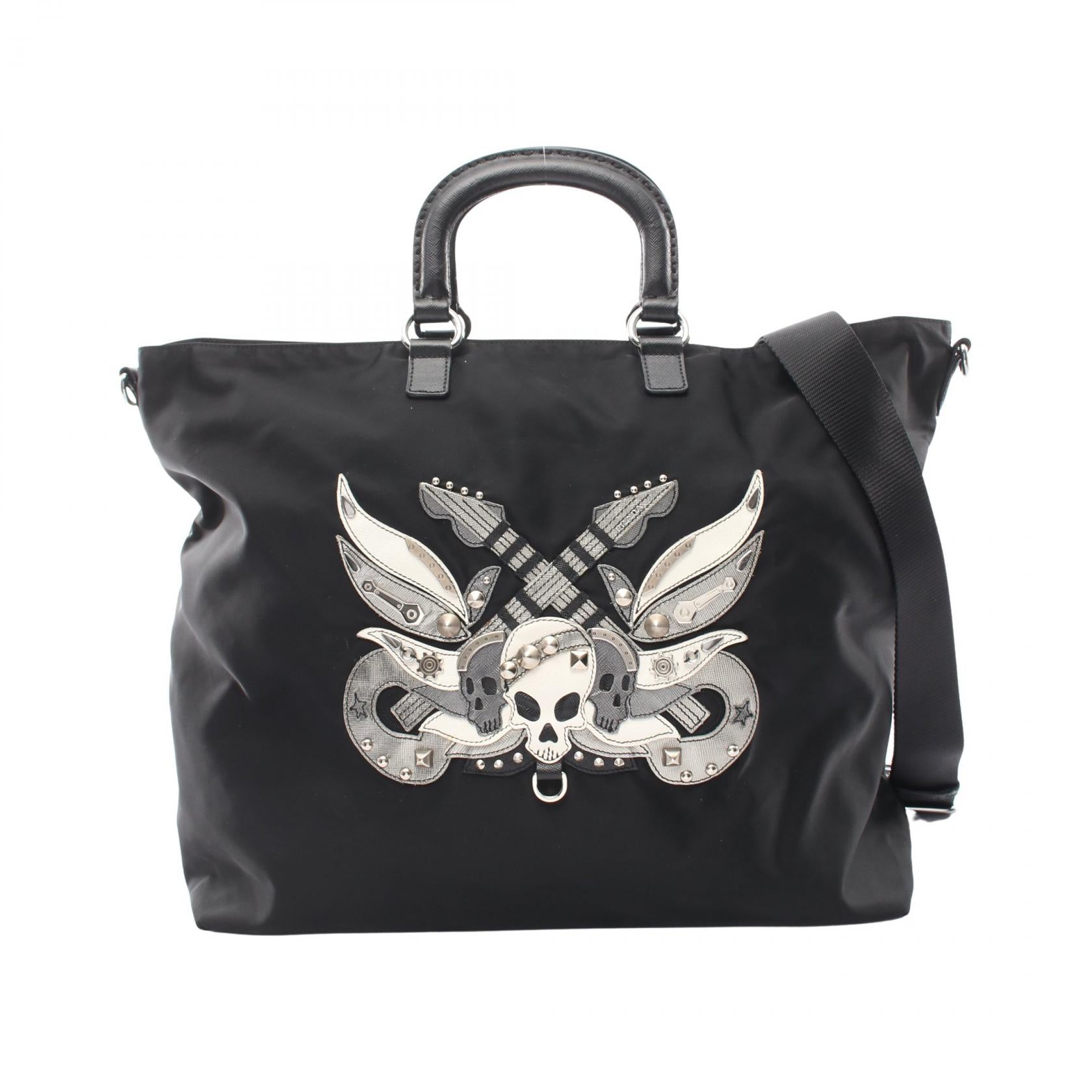 スカル スタッズ 2WAY ハンドバッグ トートバッグ ナイロン サフィアーノレザー ブラック プラダ バッグ PRADA