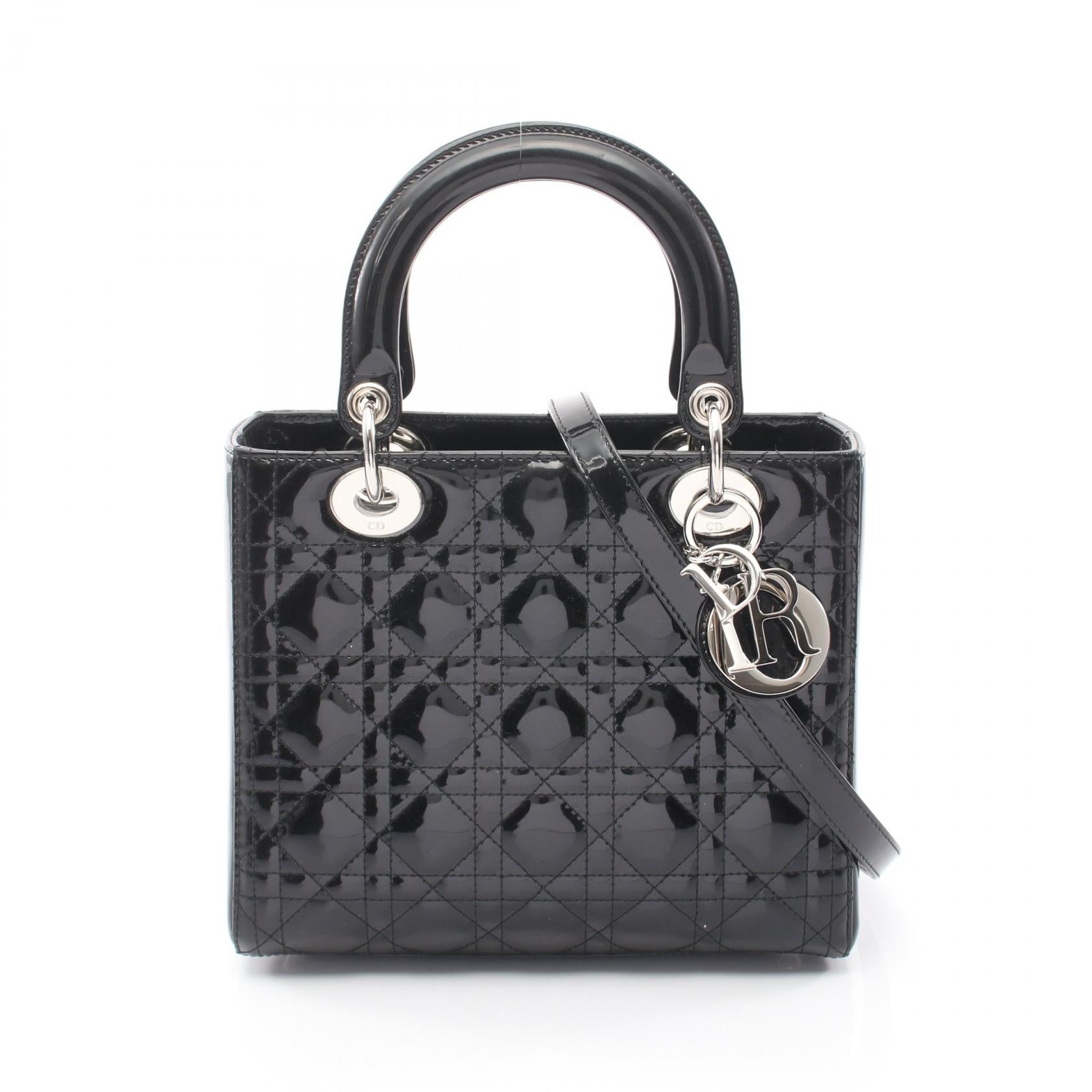 LADY DIOR レディディオール カナージュ 2WAY ハンドバッグ エナメルレザー ブラック クリスチャンディオール バッグ Christian Dior