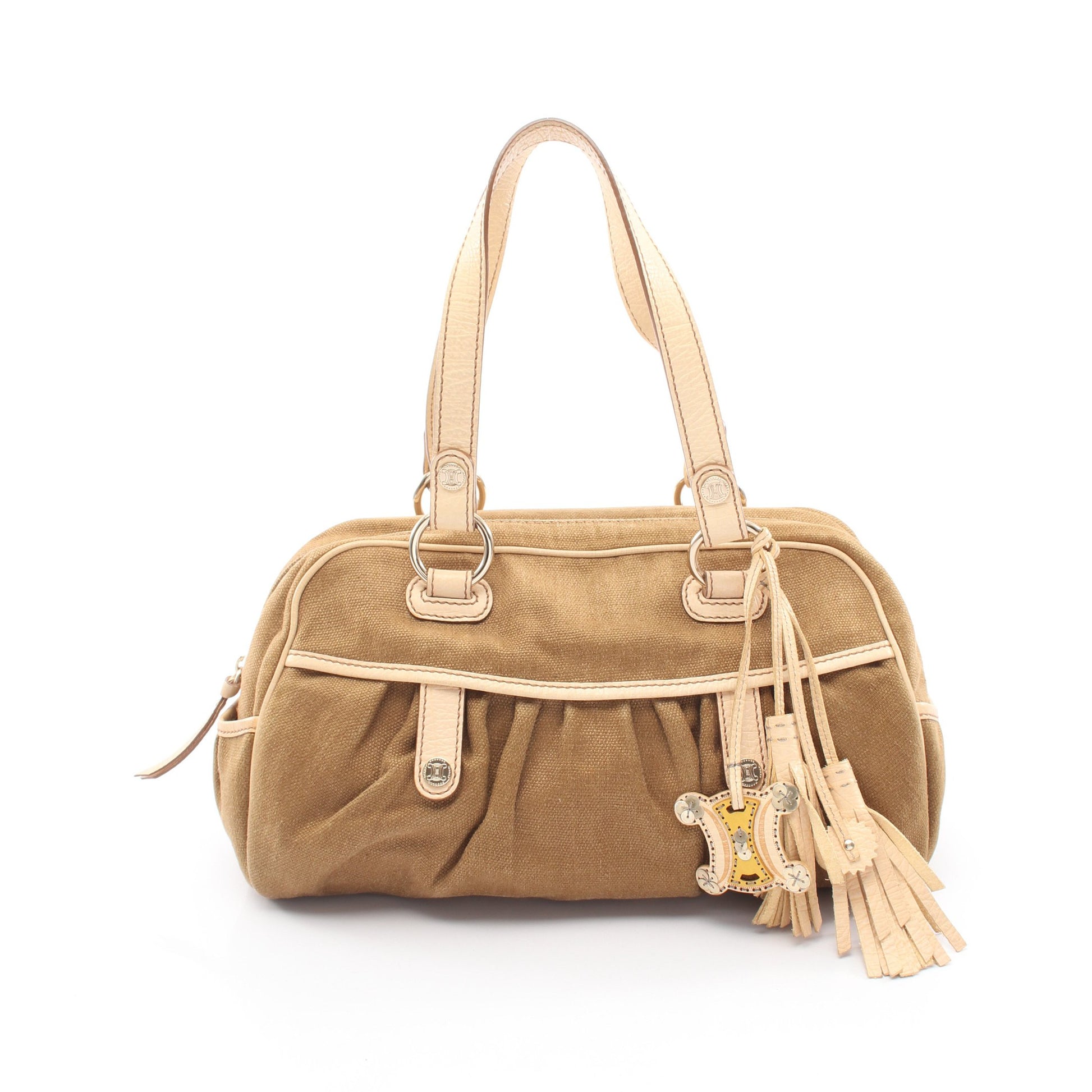 マカダム タッセル ハンドバッグ キャンバス レザー カーキブラウン ライトベージュ セリーヌ バッグ CELINE
