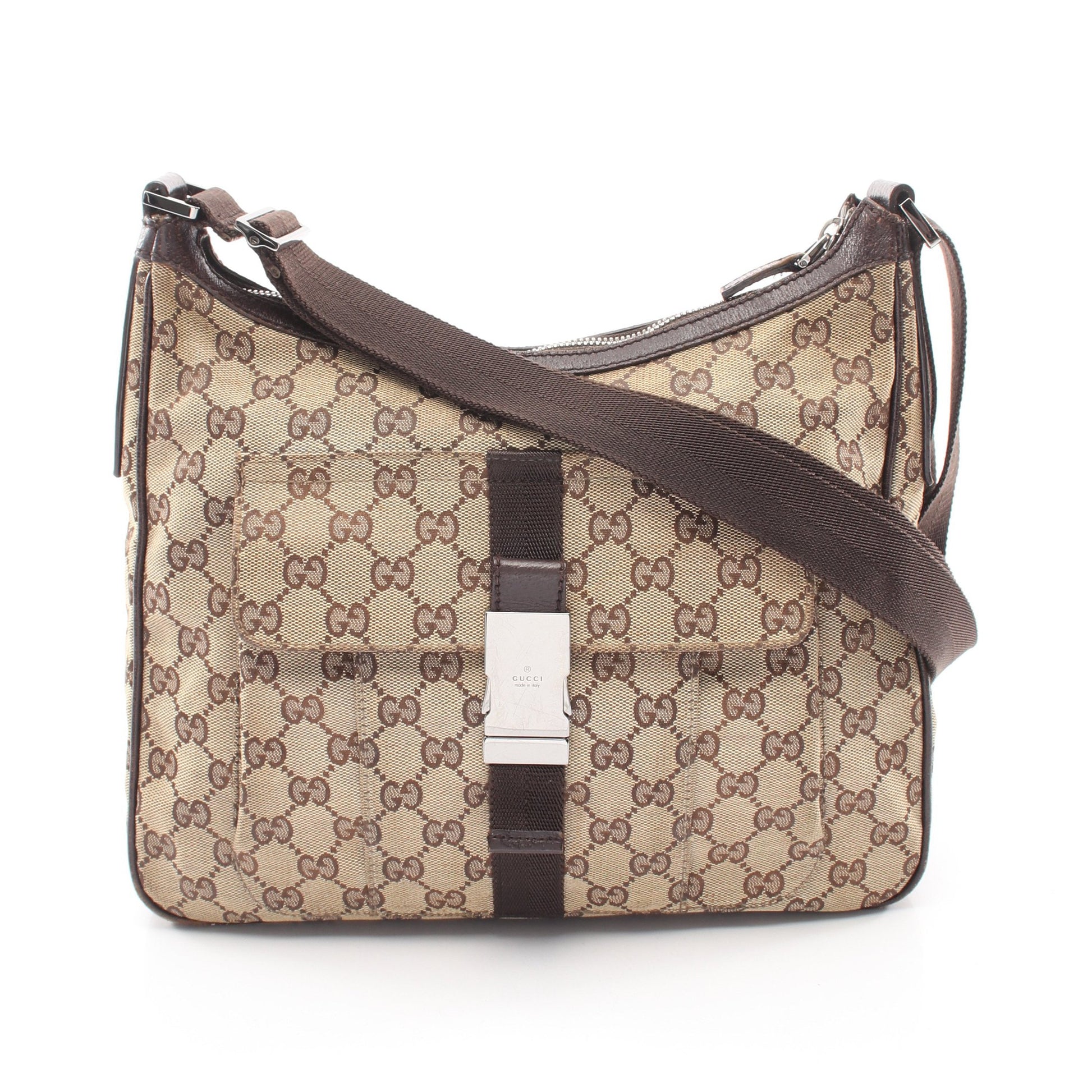 GGキャンバス ショルダーバッグ キャンバス レザー ベージュ ダークブラウン グッチ バッグ GUCCI