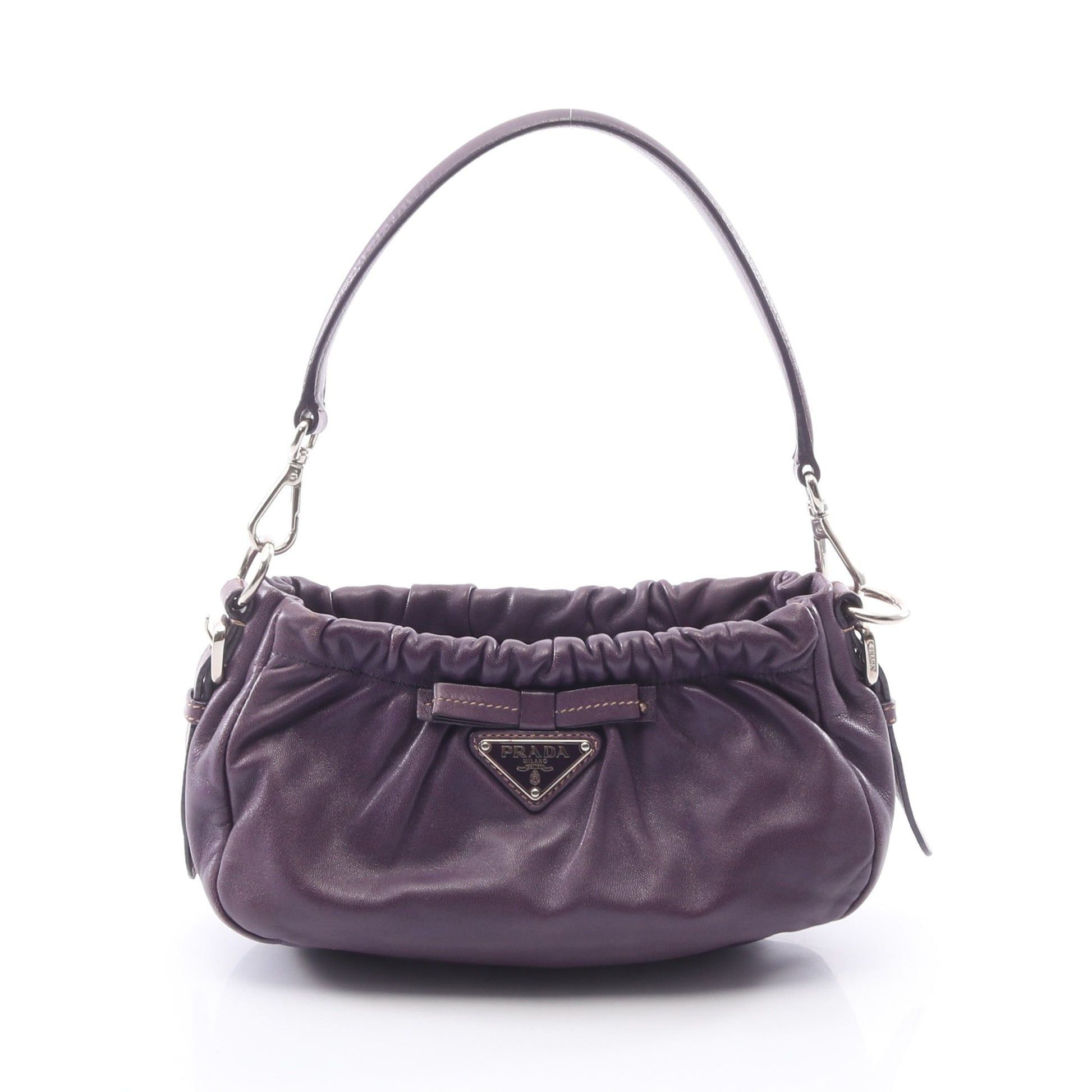 三角プレート リボン ワンショルダーバッグ レザー パープル プラダ バッグ PRADA