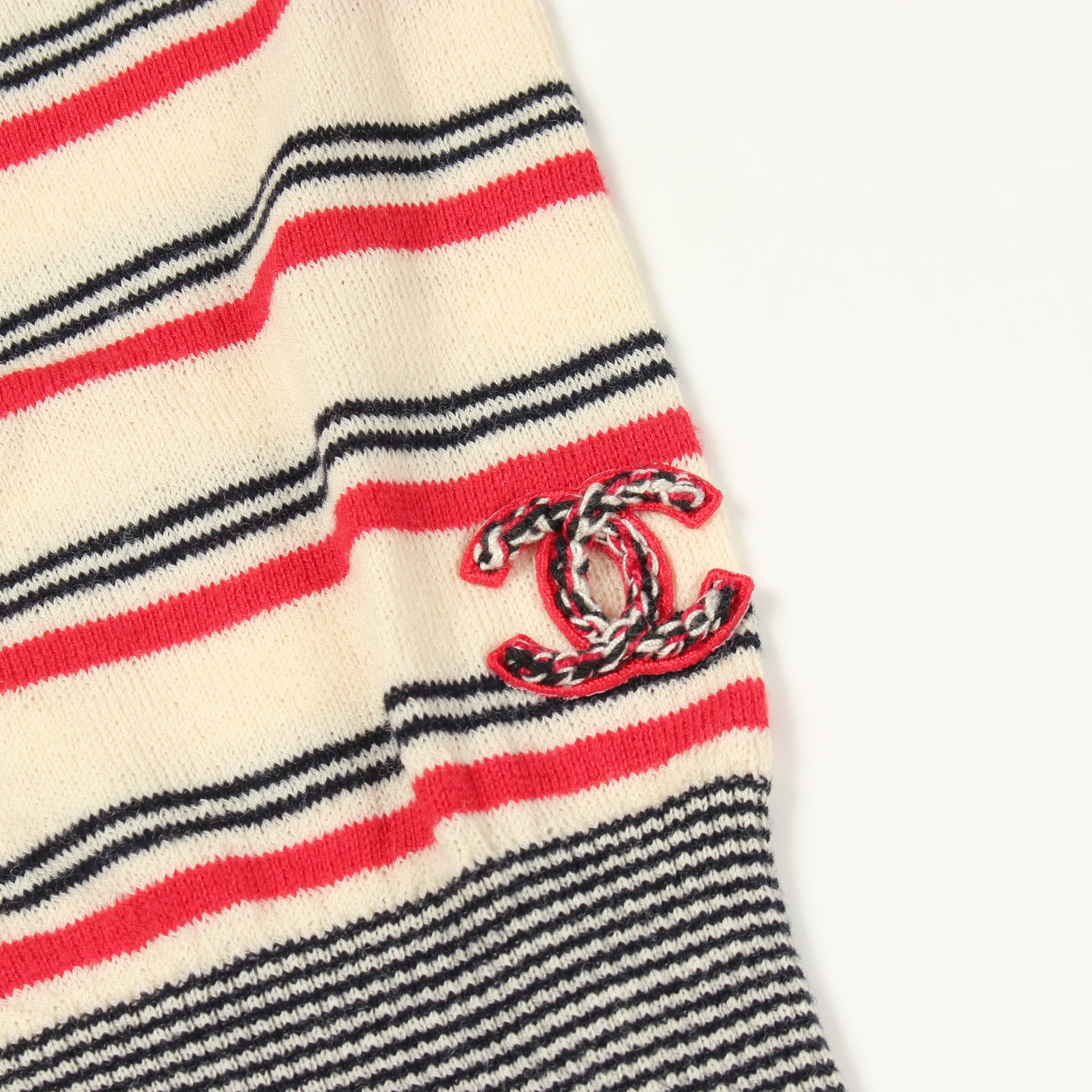 CHANEL アイボリーと黒のストライプ ニットセーター36 ココマーク ストライプ Vネック ニット ウール コットン アイボリー
