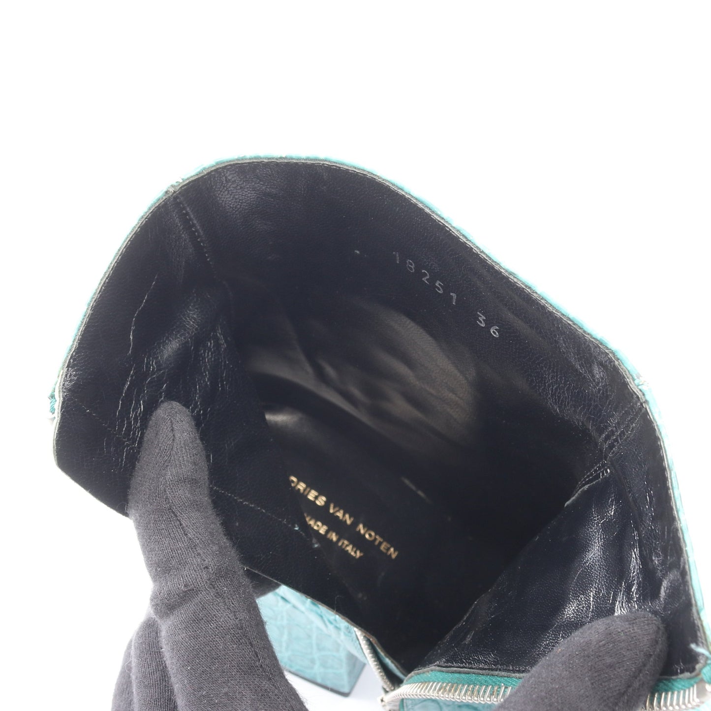 クロコ型押し アンクル ブーツ レザー ターコイズブルー ドリスヴァンノッテン シューズ DRIES VAN NOTEN