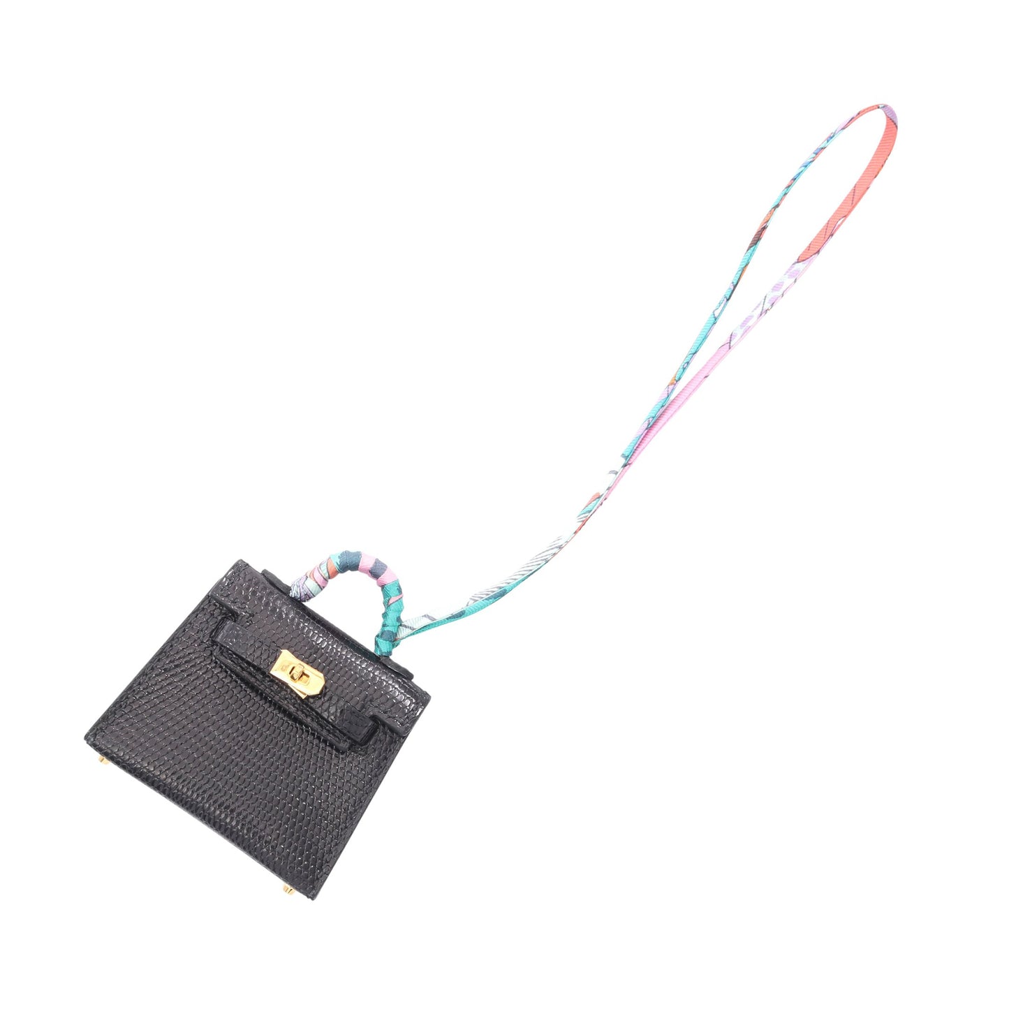ケリーツイリー バッグチャーム リザード シルク ブラック マルチカラー ゴールド金具 Z刻印 エルメス 財布・小物 HERMES