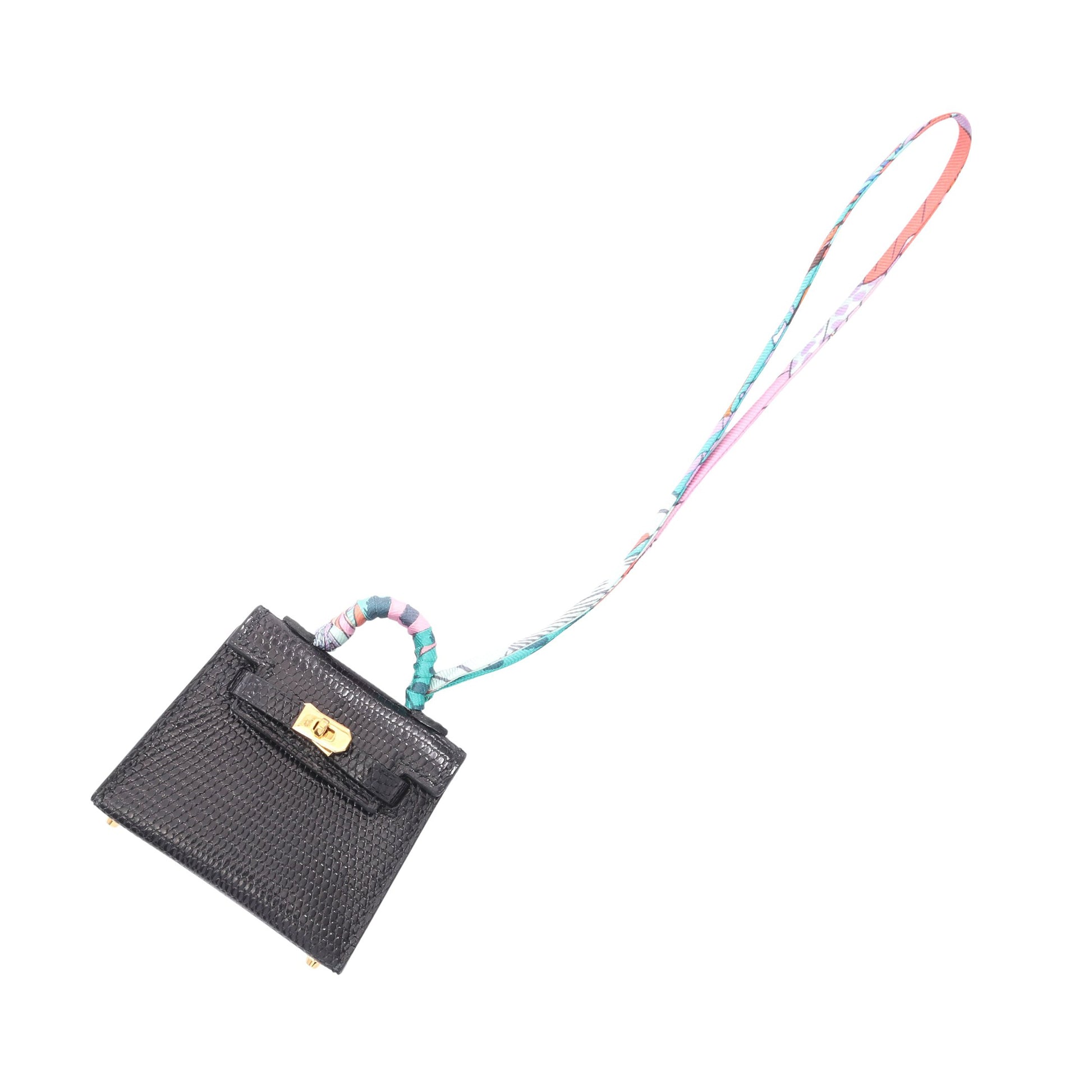 ケリーツイリー バッグチャーム リザード シルク ブラック マルチカラー ゴールド金具 Z刻印 エルメス 財布・小物 HERMES