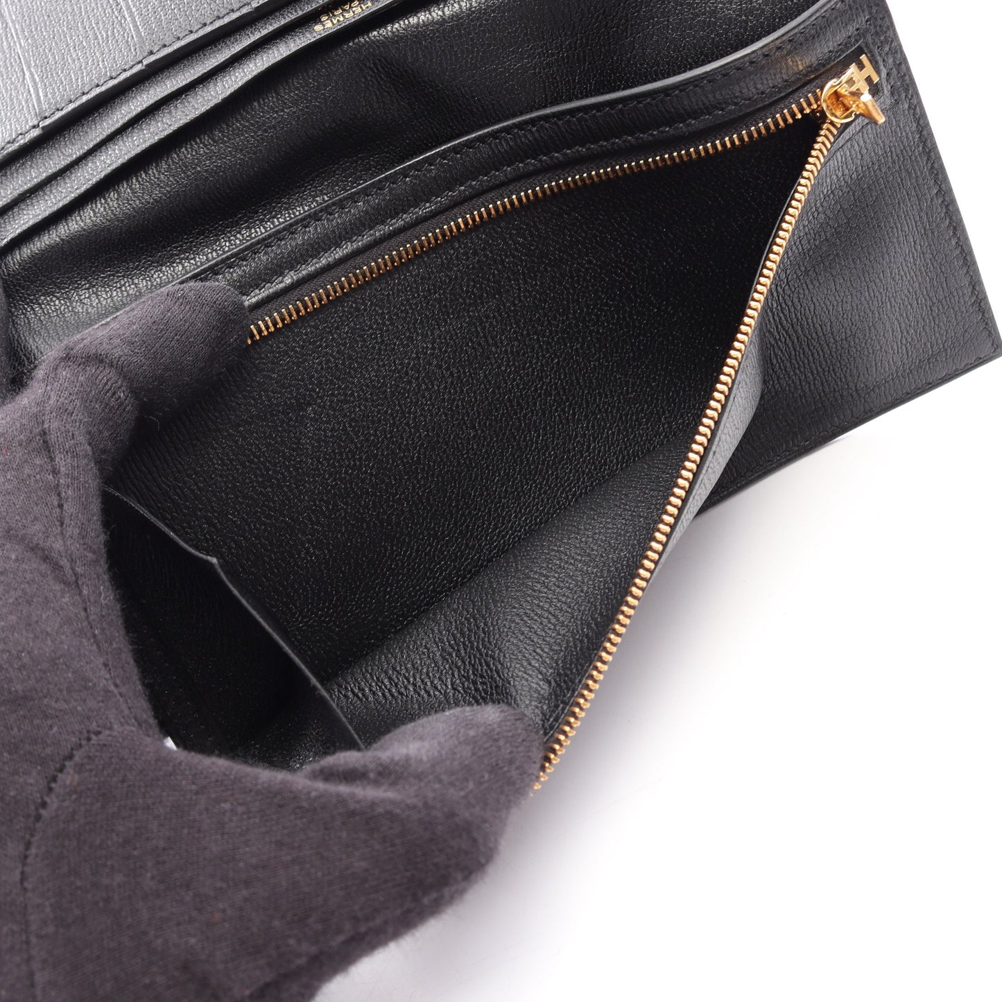 ベアンスフレ 二つ折り長財布 アリゲーターリセ ブラック ゴールド金具 D刻印 エルメス 財布・小物 HERMES
