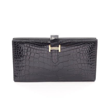 ベアンスフレ 二つ折り長財布 アリゲーターリセ ブラック ゴールド金具 D刻印 エルメス 財布・小物 HERMES