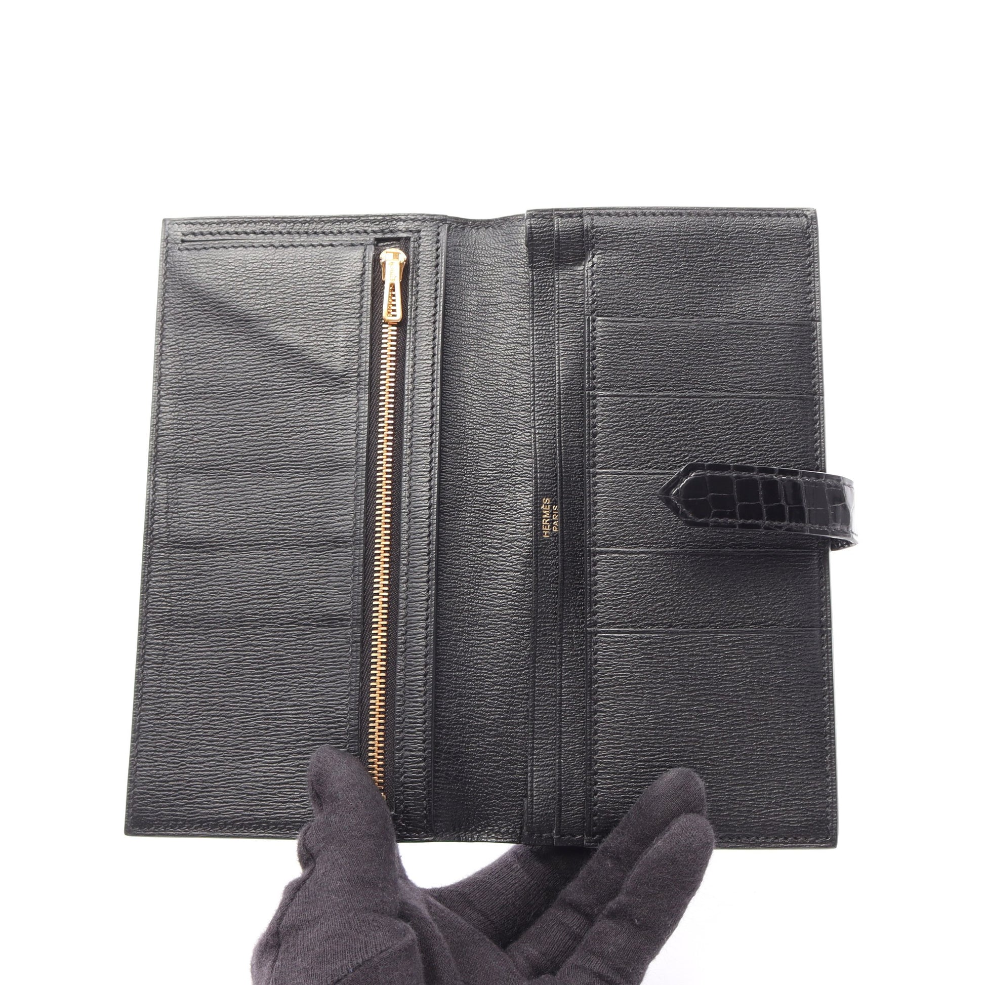 ベアンスフレ 二つ折り長財布 アリゲーターリセ ブラック ゴールド金具 D刻印 エルメス 財布・小物 HERMES