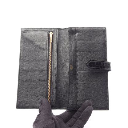 ベアンスフレ 二つ折り長財布 アリゲーターリセ ブラック ゴールド金具 D刻印 エルメス 財布・小物 HERMES