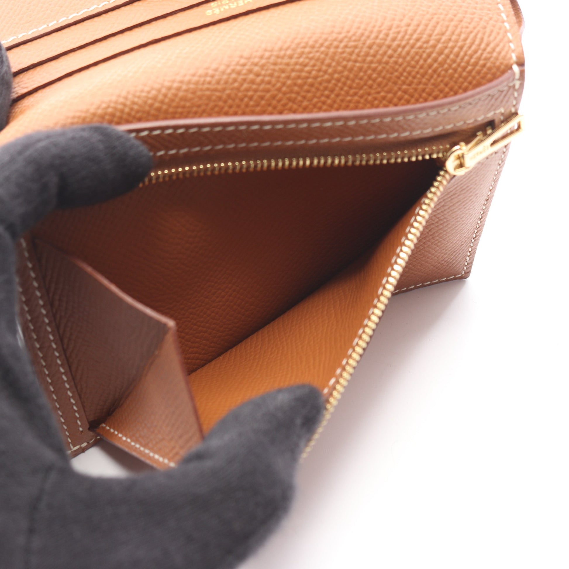ベアンコンパクト ゴールド 二つ折り財布 ヴォーエプソン ブラウン ゴールド金具 Z刻印 エルメス 財布・小物 HERMES