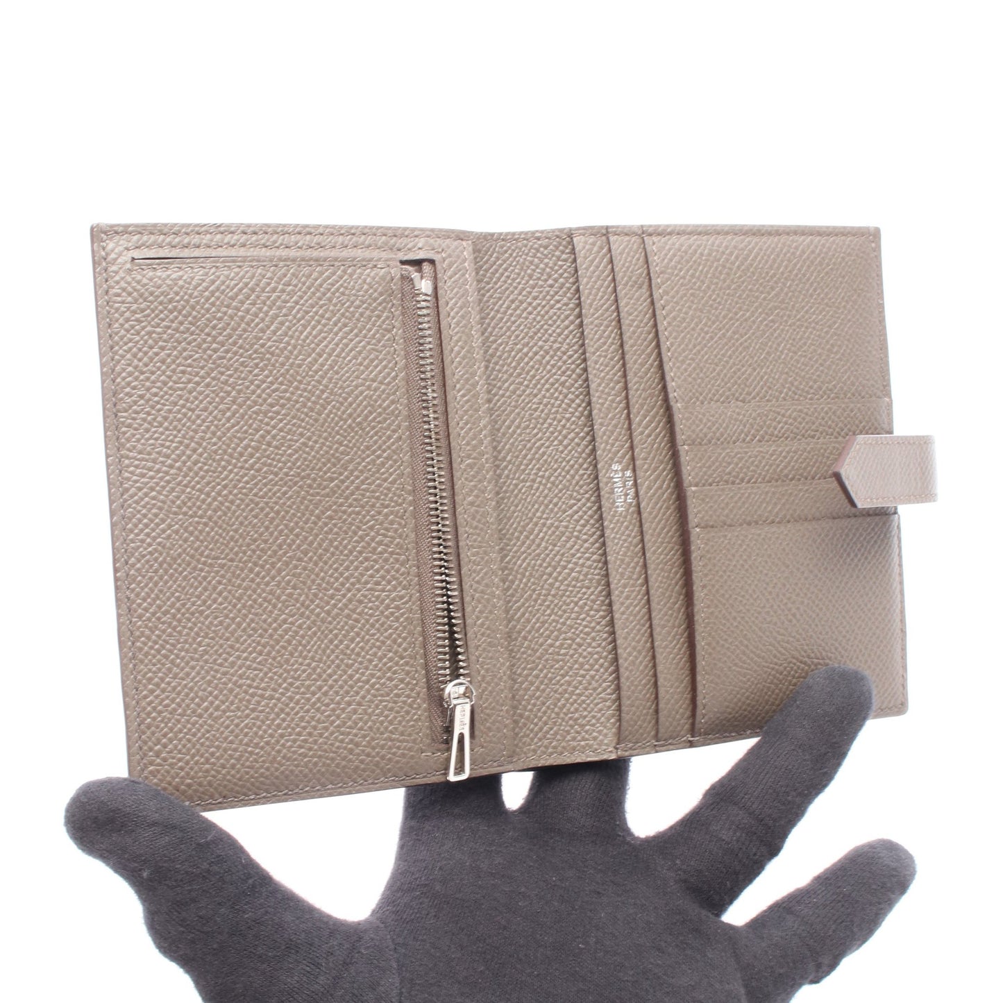 ベアンコンパクト エタン 二つ折り財布 ヴォーエプソン グレーベージュ シルバー金具 Y刻印 エルメス 財布・小物 HERMES