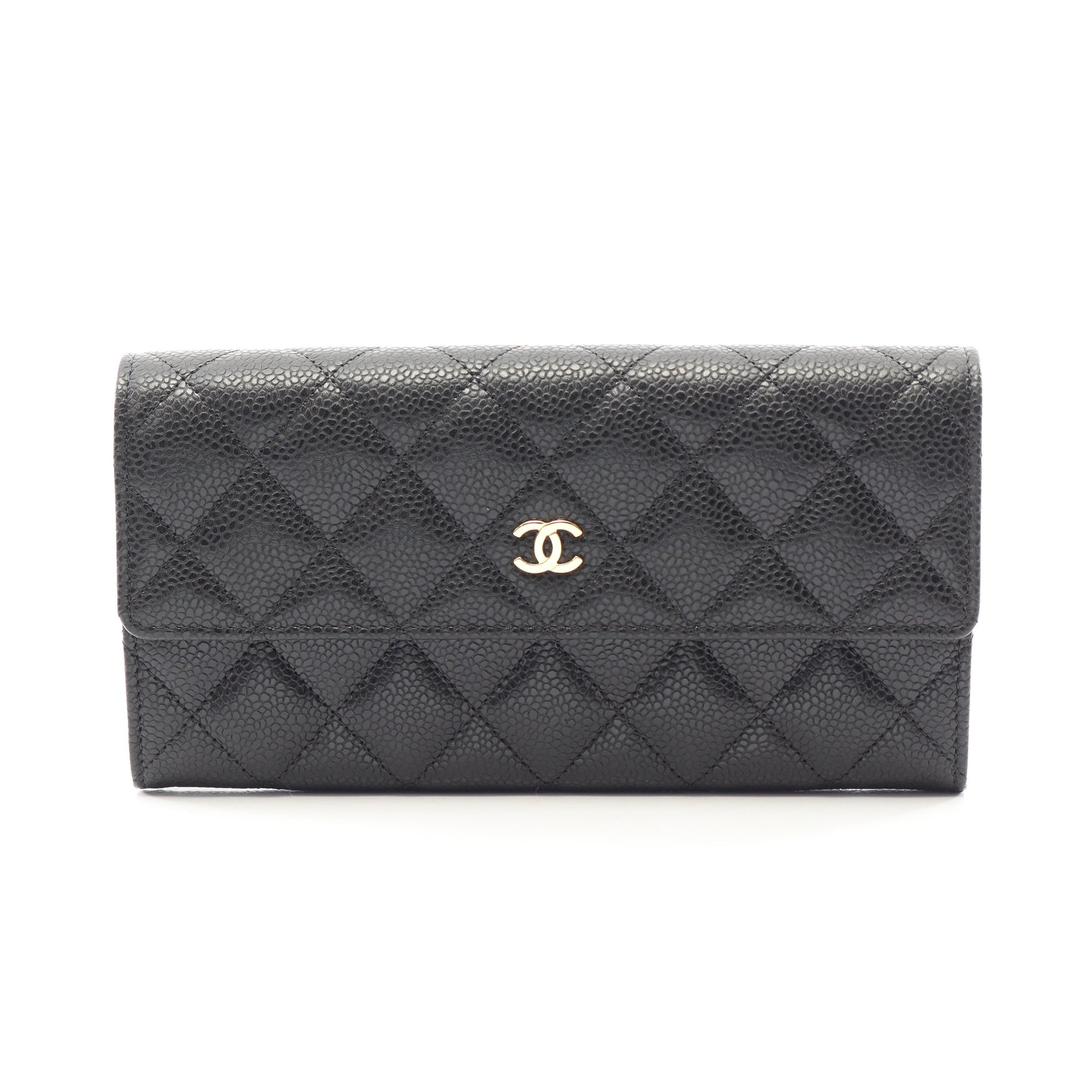 マトラッセ 二つ折り長財布 キャビアスキン ブラック ゴールド金具 シャネル 財布・小物 CHANEL