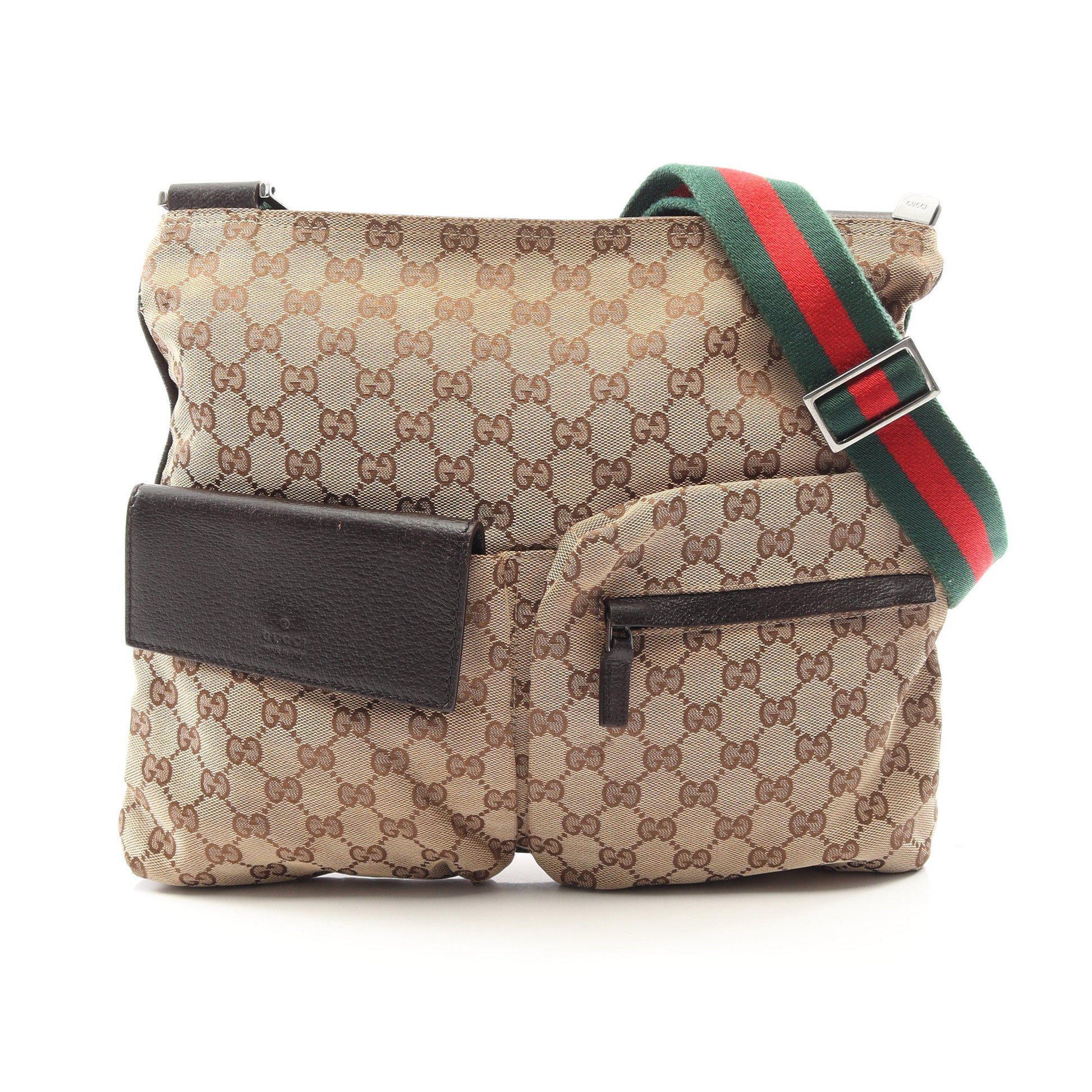 GGキャンバス シェリーライン ショルダーバッグ キャンバス レザー ベージュ ダークブラウン マルチカラー グッチ バッグ GUCCI