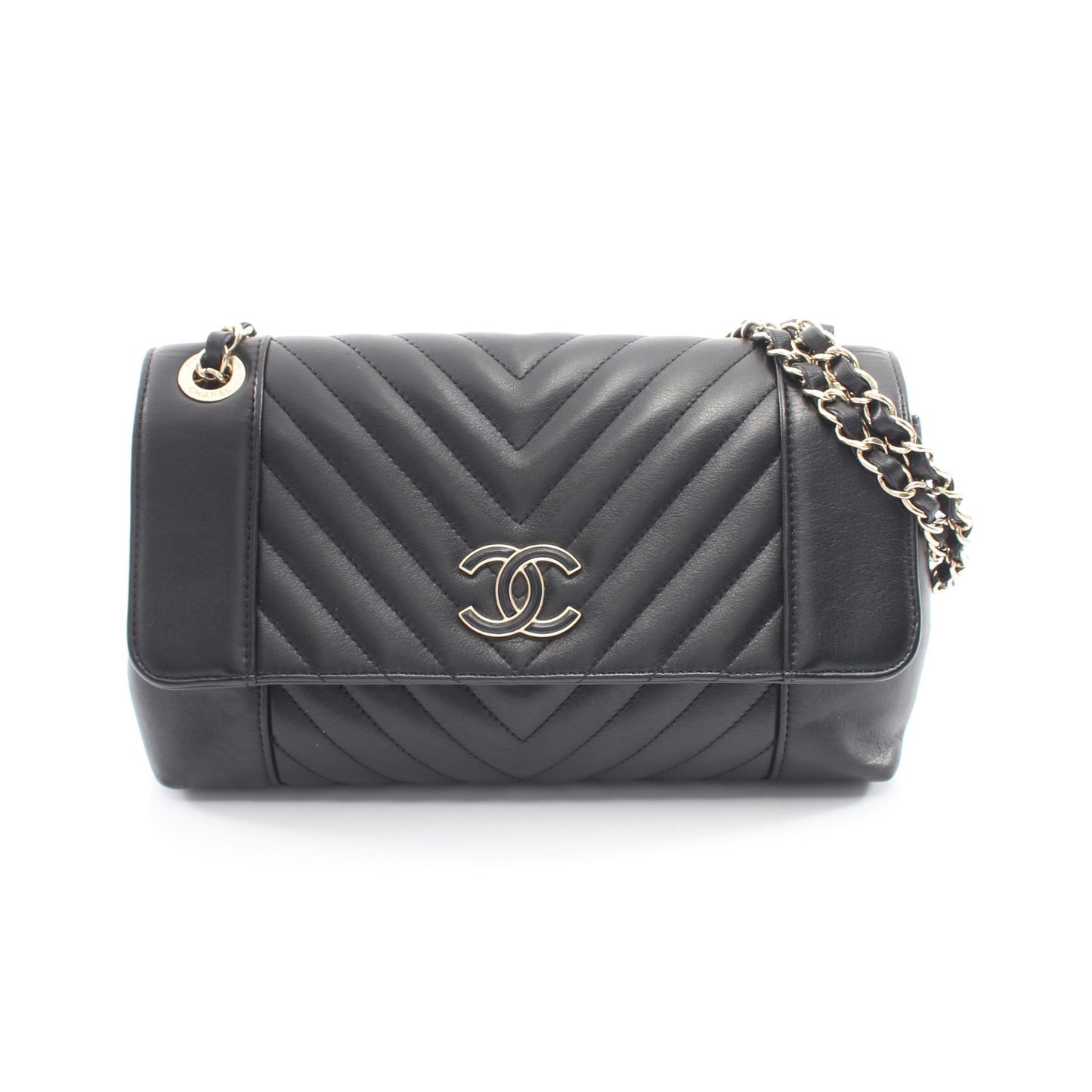シェブロン Vステッチ Wチェーンショルダーバッグ ラムスキン ブラック ゴールド金具 シャネル バッグ CHANEL