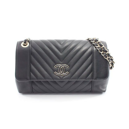 シェブロン Vステッチ Wチェーンショルダーバッグ ラムスキン ブラック ゴールド金具 シャネル バッグ CHANEL