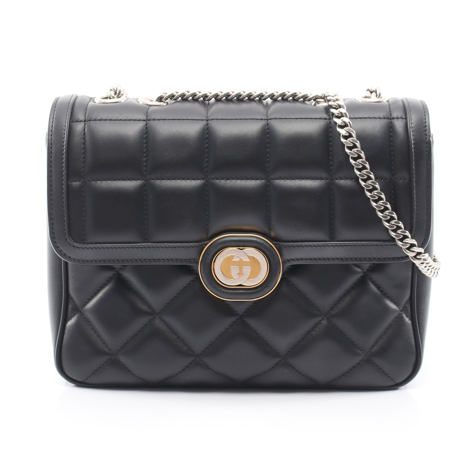 デコ チェーンショルダーバッグ Wチェーンショルダーバッグ レザー ブラック グッチ バッグ GUCCI