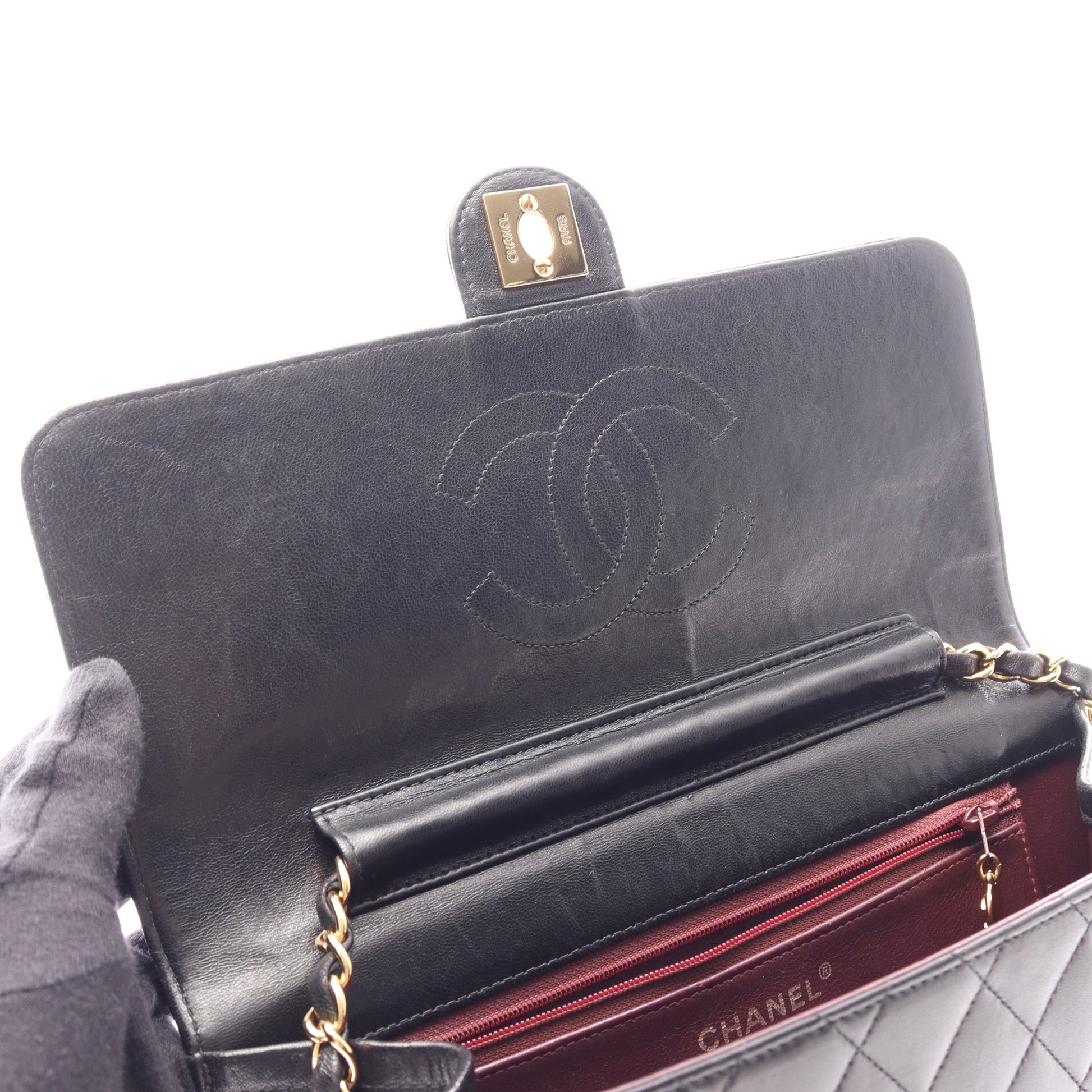 マトラッセ シングルフラップ チェーンショルダーバッグ ラムスキン ブラック ゴールド金具 シャネル バッグ CHANEL