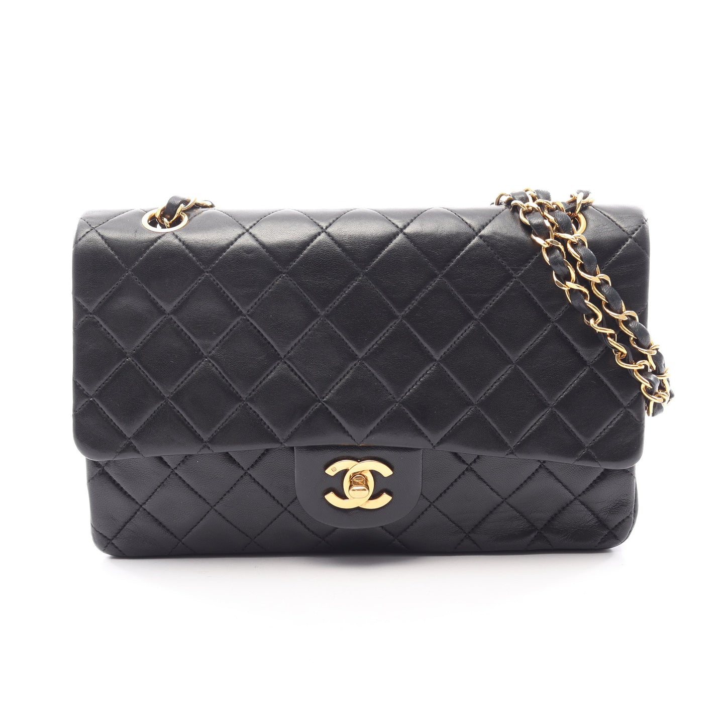 マトラッセ Wフラップ Wチェーンショルダーバッグ ラムスキン ブラック ゴールド金具 シャネル バッグ CHANEL