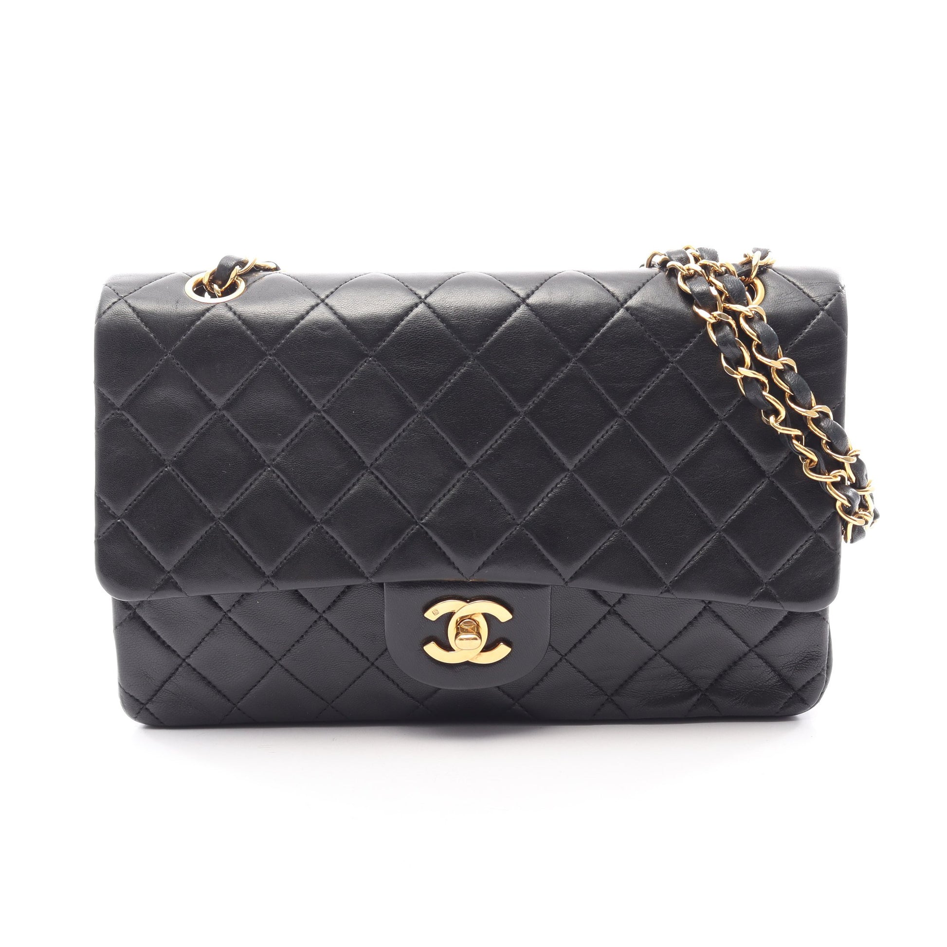 マトラッセ Wフラップ Wチェーンショルダーバッグ ラムスキン ブラック ゴールド金具 シャネル バッグ CHANEL