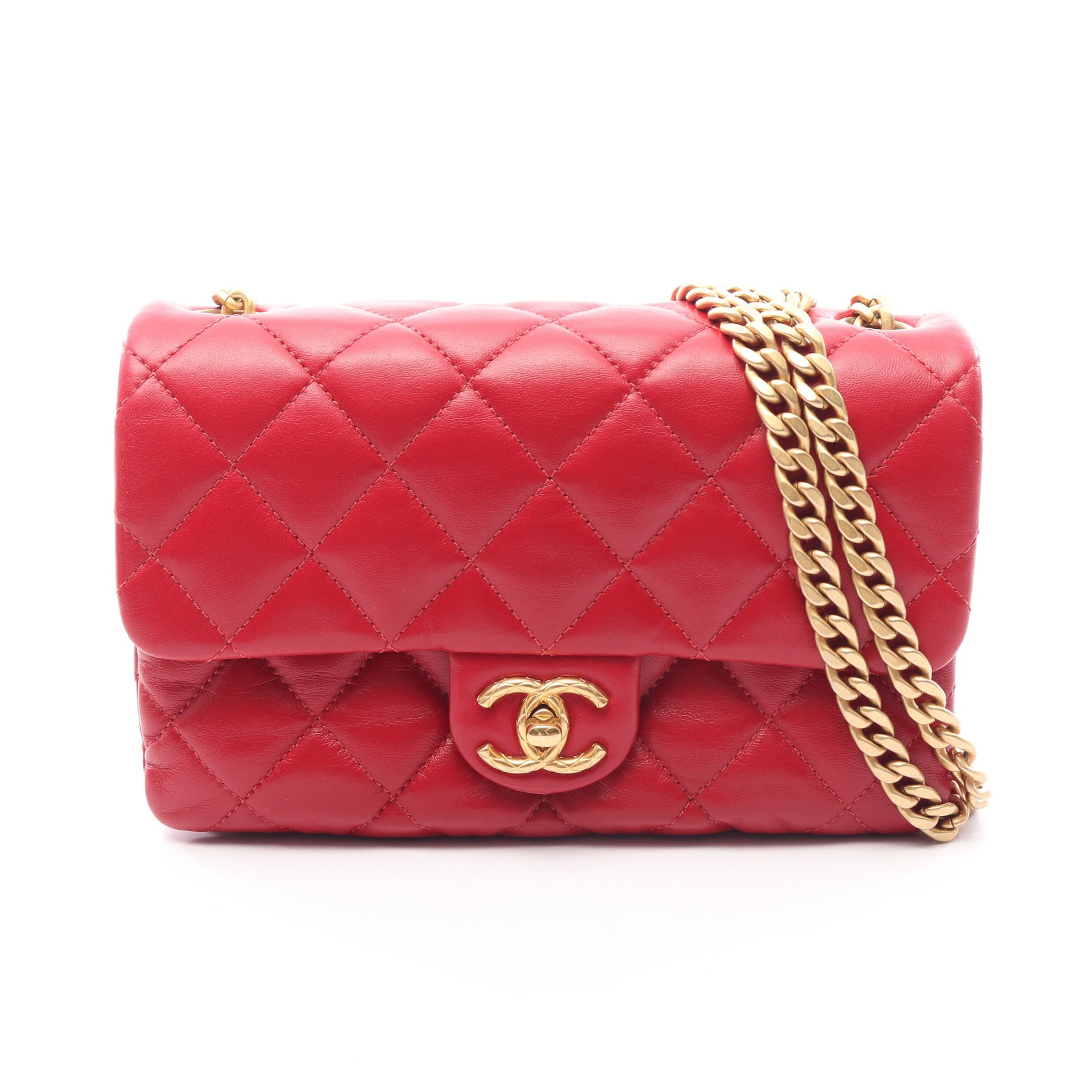 マトラッセ チェーンショルダーバッグ ラムスキン レッド ゴールド金具 シャネル バッグ CHANEL