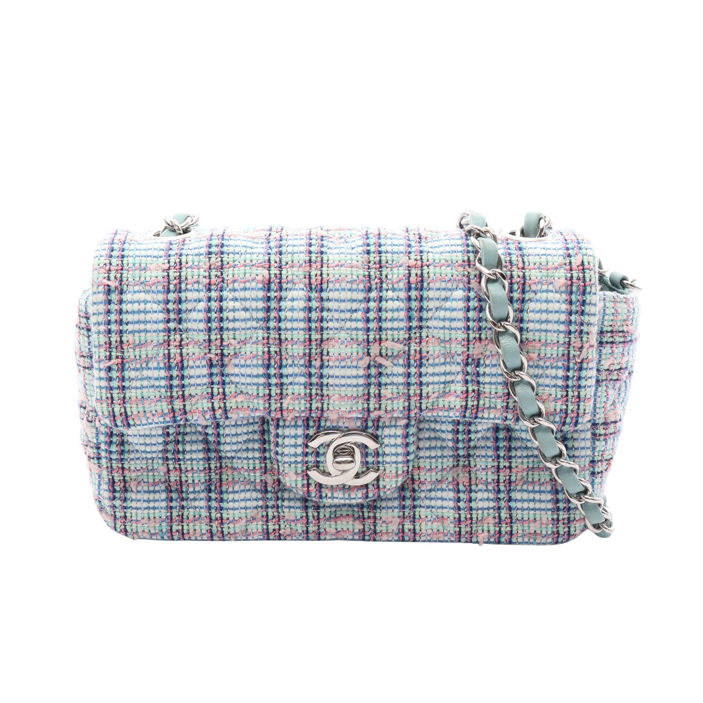 ミニマトラッセ20 チェーンショルダーバッグ ツイード ライトグリーン マルチカラー シルバー金具 シャネル バッグ CHANEL