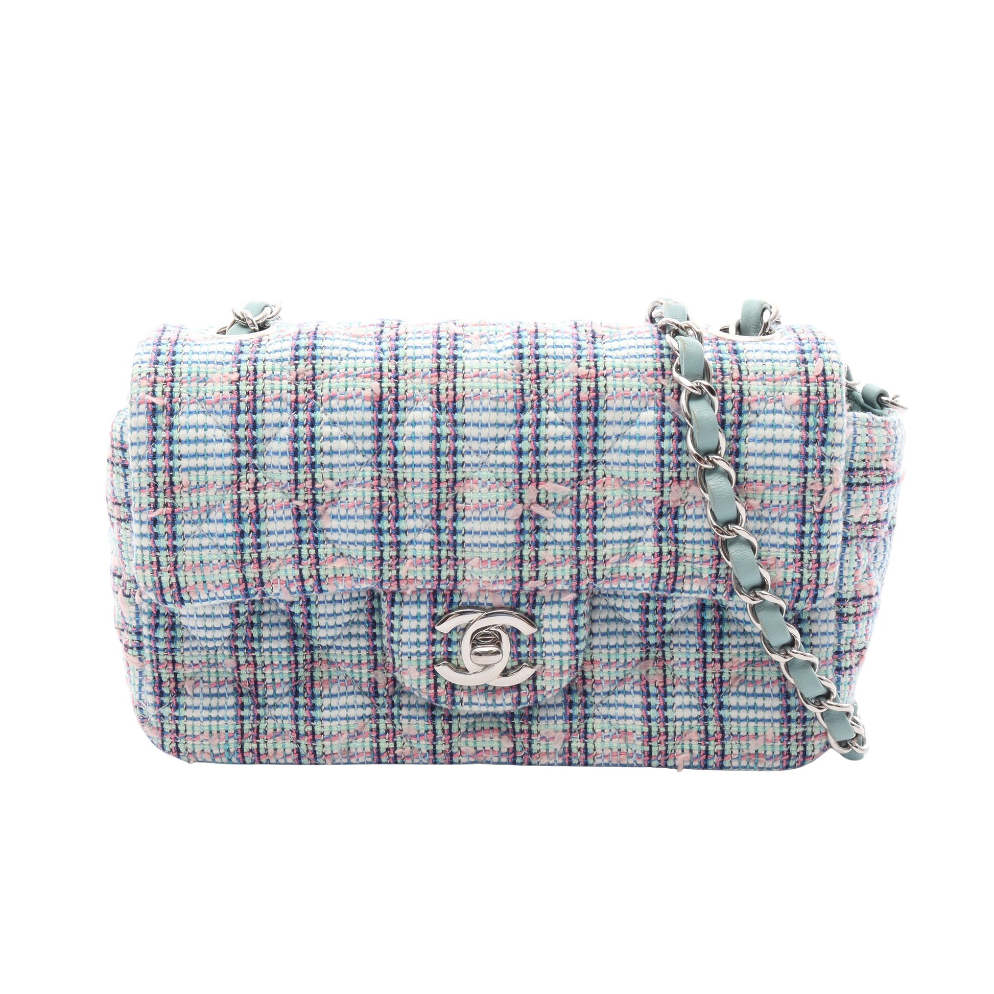 ミニマトラッセ20 チェーンショルダーバッグ ツイード ライトグリーン マルチカラー シルバー金具 シャネル バッグ CHANEL