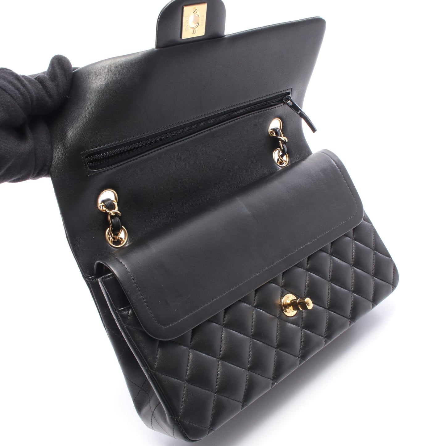 マトラッセ Wフラップ Wチェーンショルダーバッグ ラムスキン ブラック ゴールド金具 シャネル バッグ CHANEL