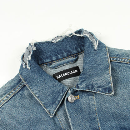 キャンペーンロゴ ダメージ加工 デニムジャケット コットン ブルー バレンシアガ アウター BALENCIAGA