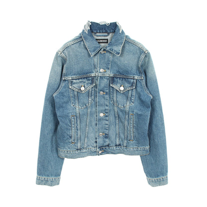 キャンペーンロゴ ダメージ加工 デニムジャケット コットン ブルー バレンシアガ アウター BALENCIAGA