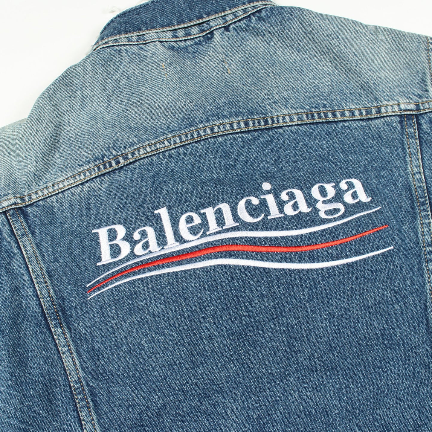 キャンペーンロゴ ダメージ加工 デニムジャケット コットン ブルー バレンシアガ アウター BALENCIAGA