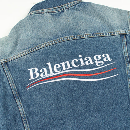 キャンペーンロゴ ダメージ加工 デニムジャケット コットン ブルー バレンシアガ アウター BALENCIAGA