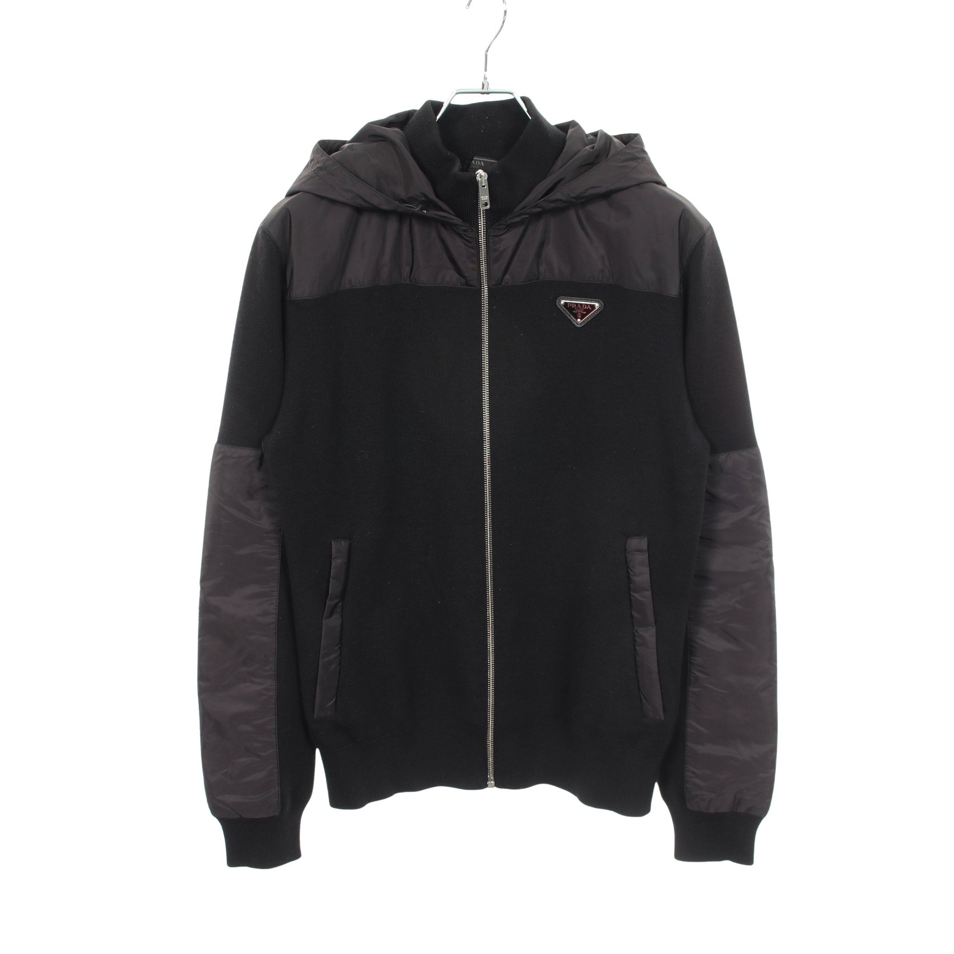 三角ロゴプレート 切替 フード付き ジャケット ウール ナイロン ブラック プラダ アウター PRADA