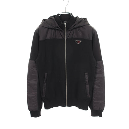 三角ロゴプレート 切替 フード付き ジャケット ウール ナイロン ブラック プラダ アウター PRADA