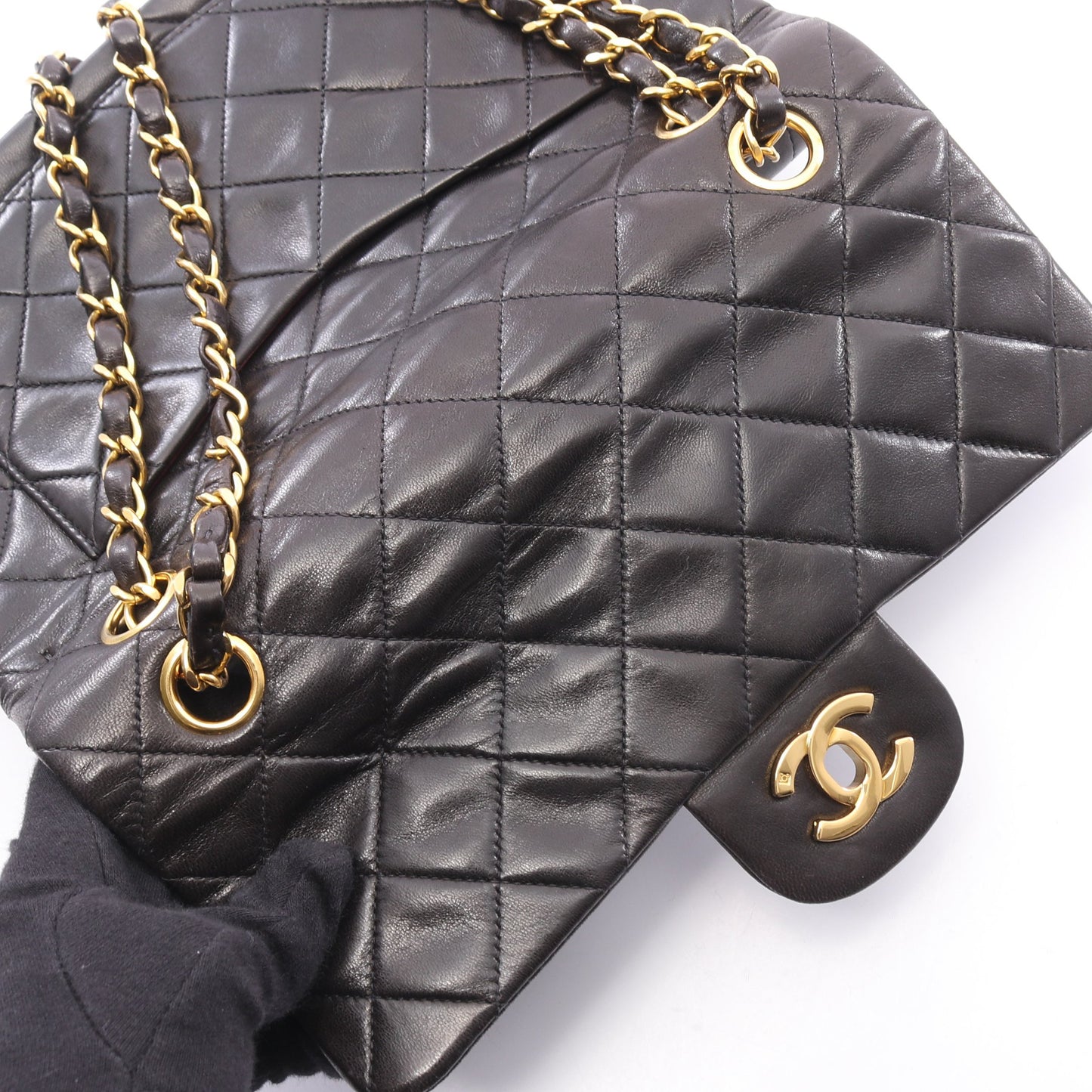 マトラッセ Wフラップ Wチェーンショルダーバッグ ラムスキン ブラック ゴールド金具 シャネル バッグ CHANEL