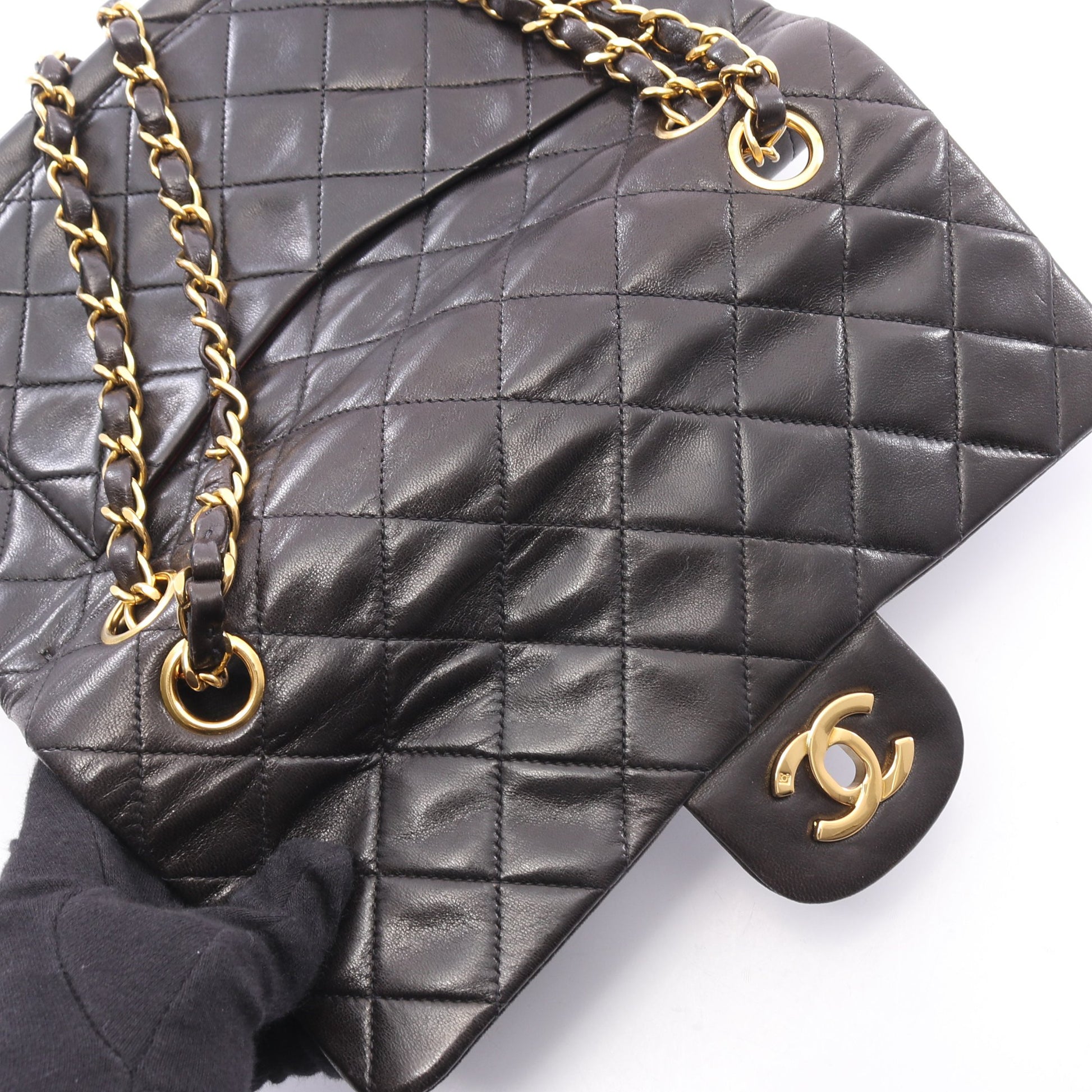 マトラッセ Wフラップ Wチェーンショルダーバッグ ラムスキン ブラック ゴールド金具 シャネル バッグ CHANEL