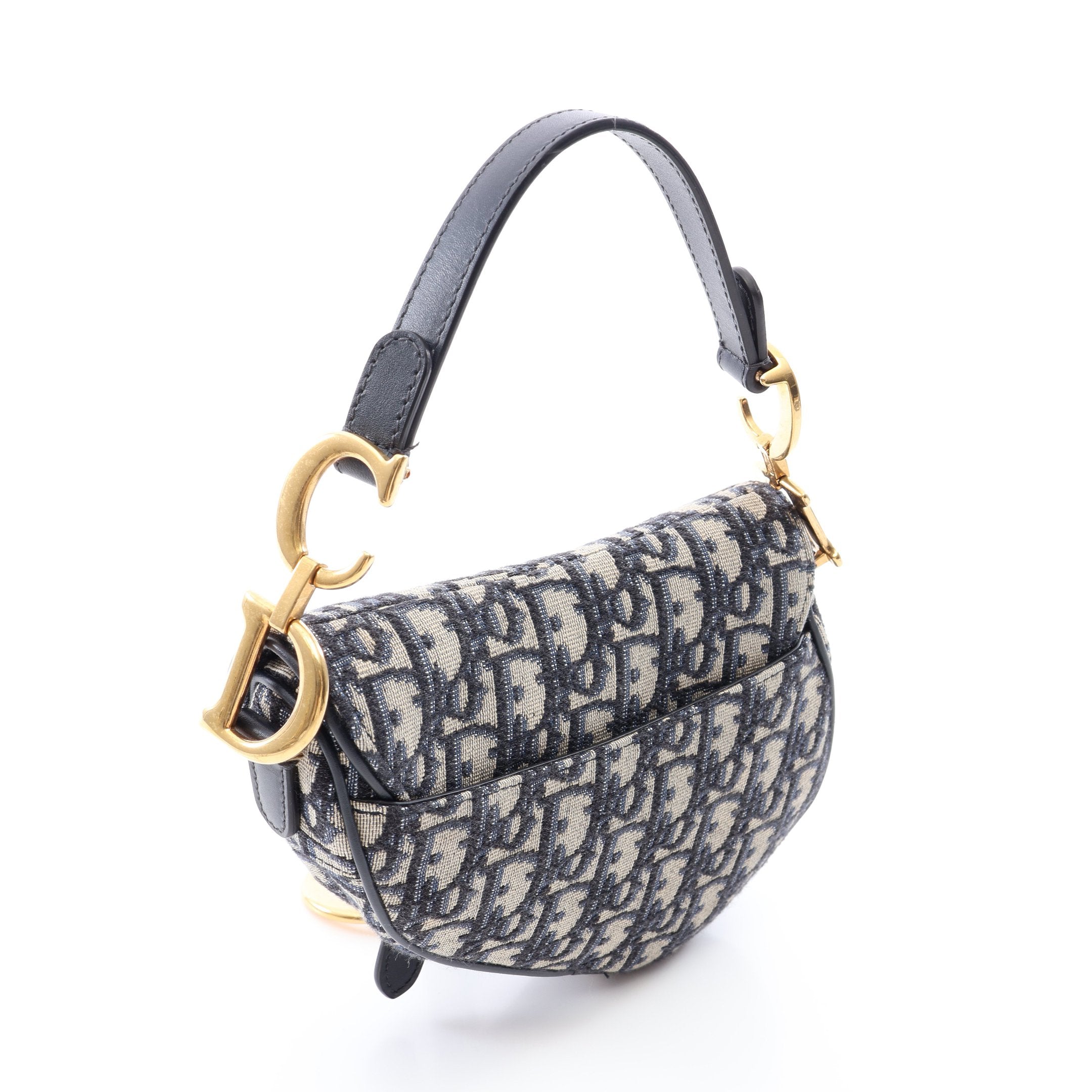 美品 ~·Christian Dior サドルバッグ ネイビー/ベージュ SADDLE サドル オブリーク ジャガード ボディバッグ キャンバス レザー