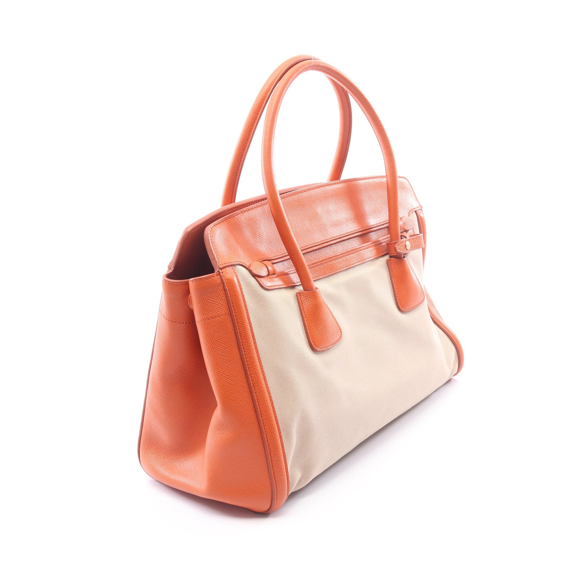 ハンドバッグ トートバッグ キャンバス サフィアーノレザー ベージュ オレンジ プラダ バッグ PRADA