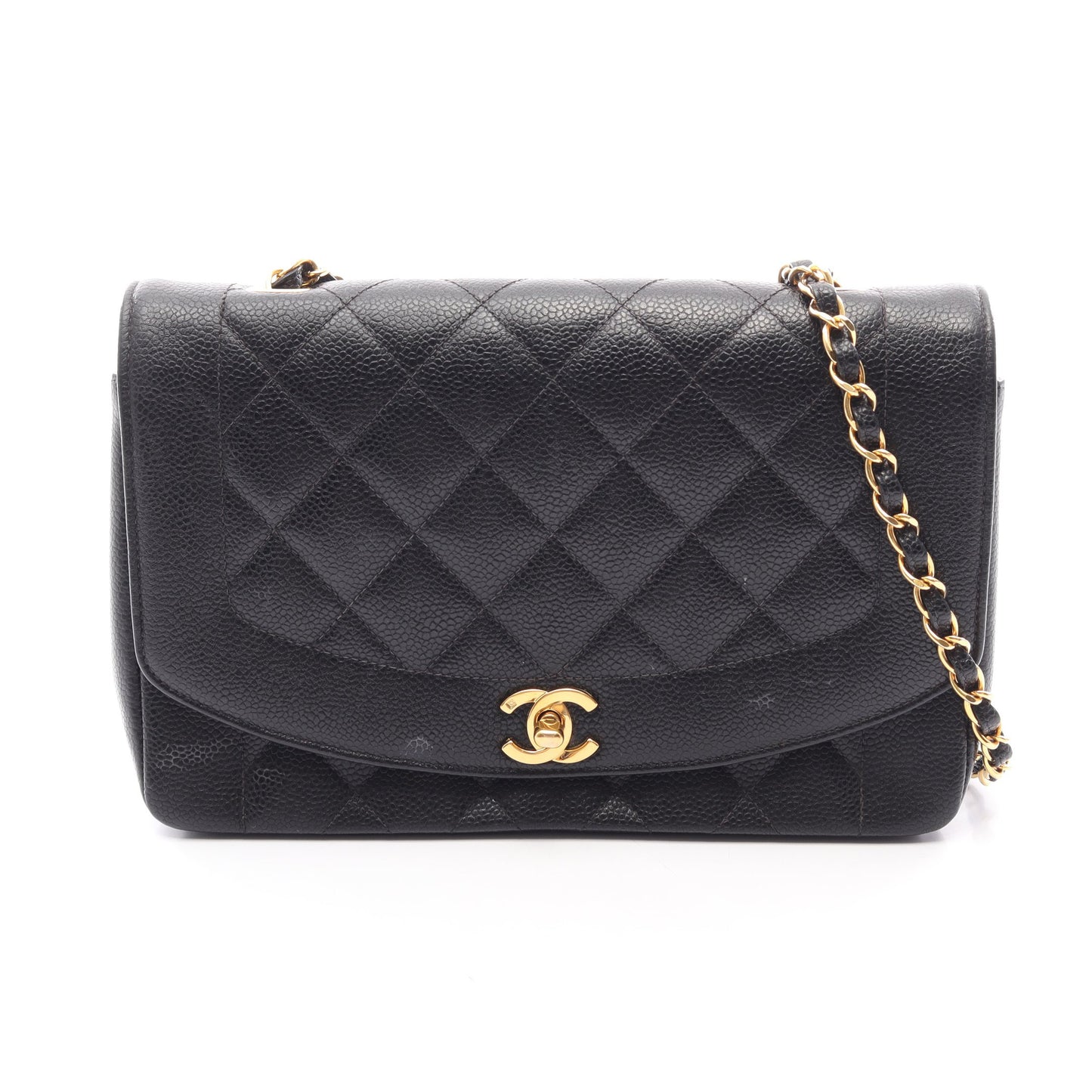マトラッセ ダイアナフラップ チェーンショルダーバッグ キャビアスキン ブラック ゴールド金具 シャネル バッグ CHANEL