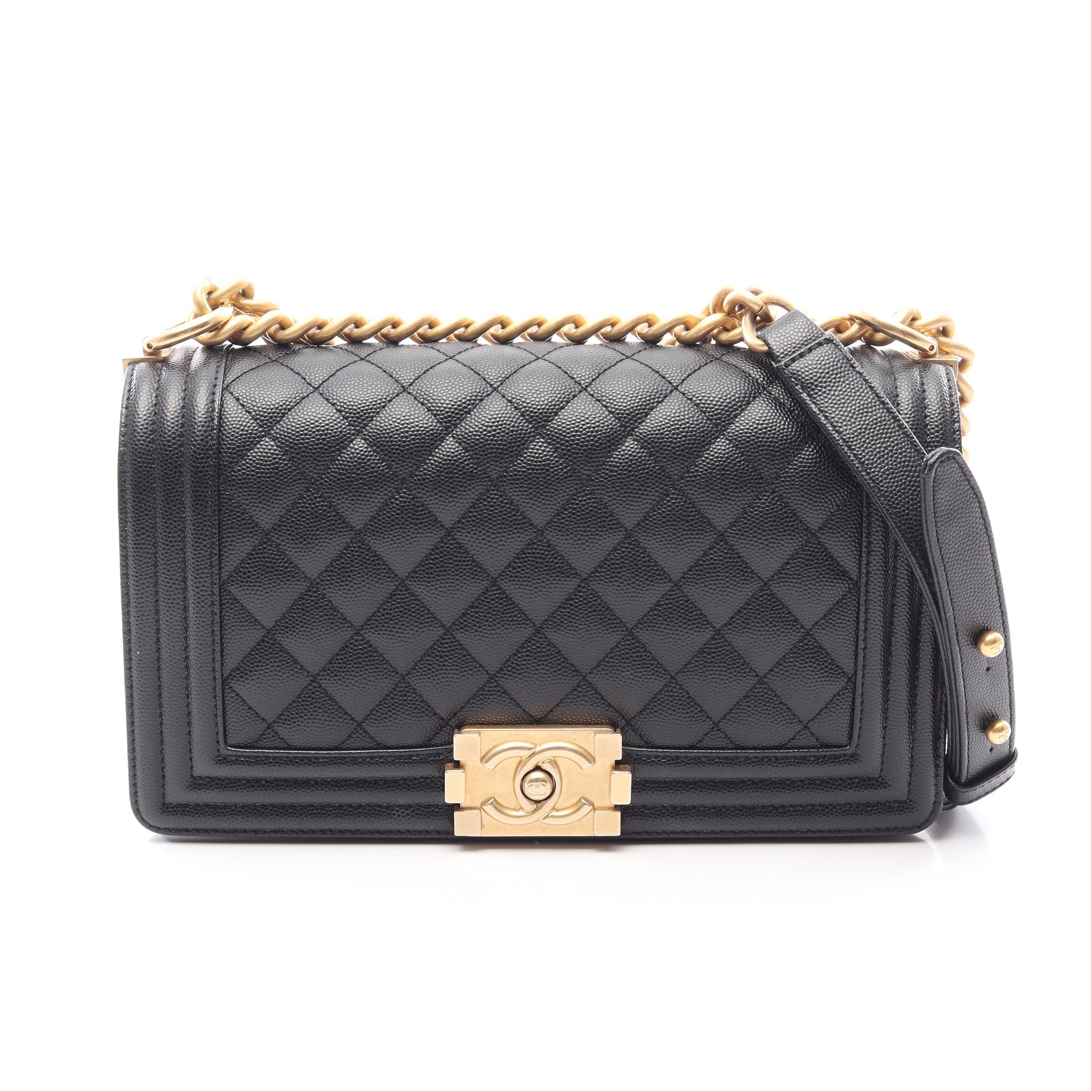 CHANEL ノベルティ キャビアスキン ショルダーバッグ ブラック ゴールド ボーイシャネル チェーンショルダーバッグ キャビアスキン ブラック