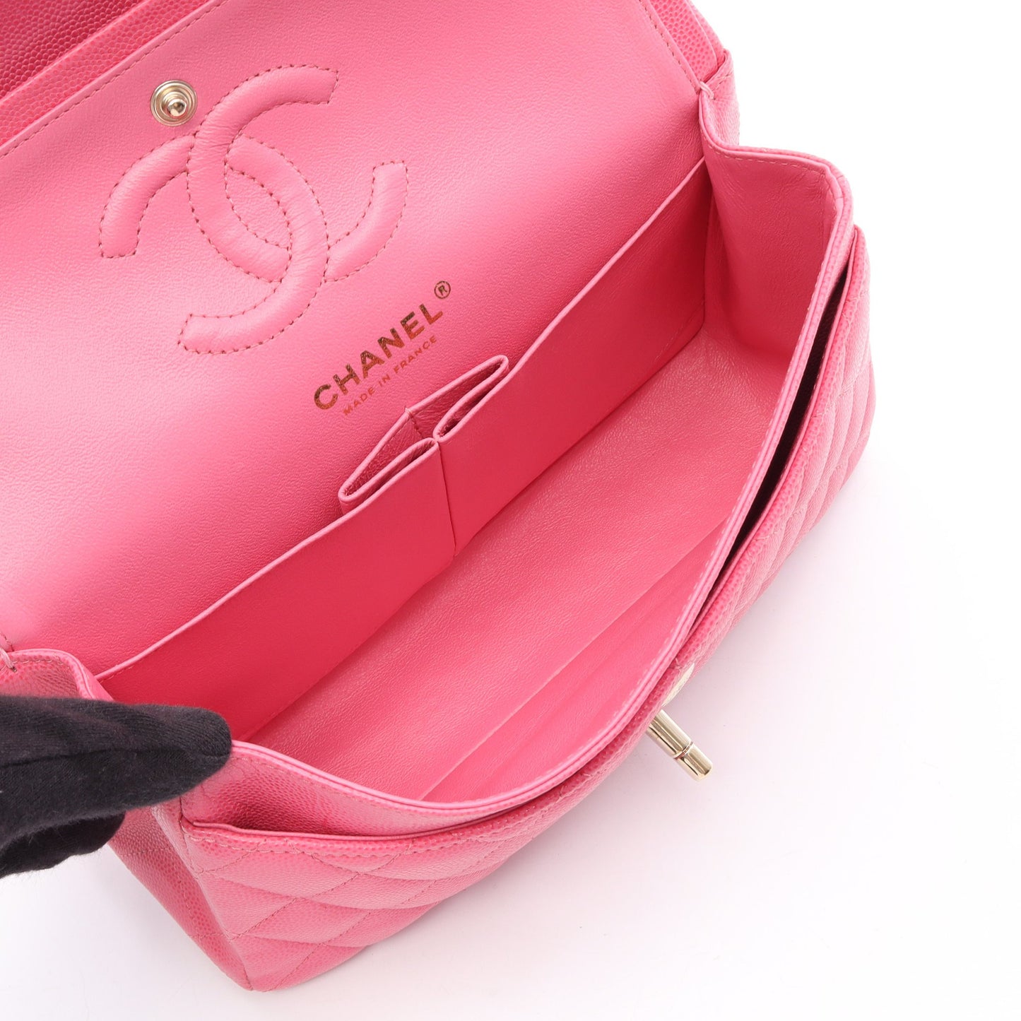 マトラッセ Wフラップ Wチェーンショルダーバッグ キャビアスキン ピンク ゴールド金具 シャネル バッグ CHANEL