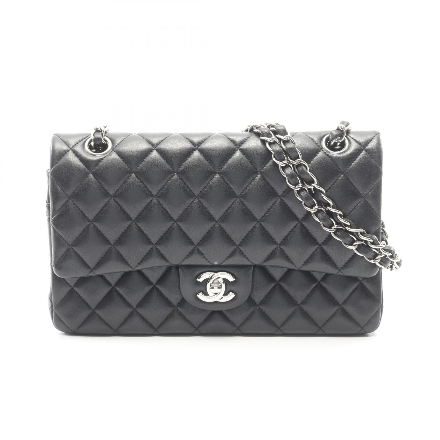 マトラッセ Wフラップ Wチェーンショルダーバッグ ラムスキン ブラック シルバー金具 シャネル バッグ CHANEL