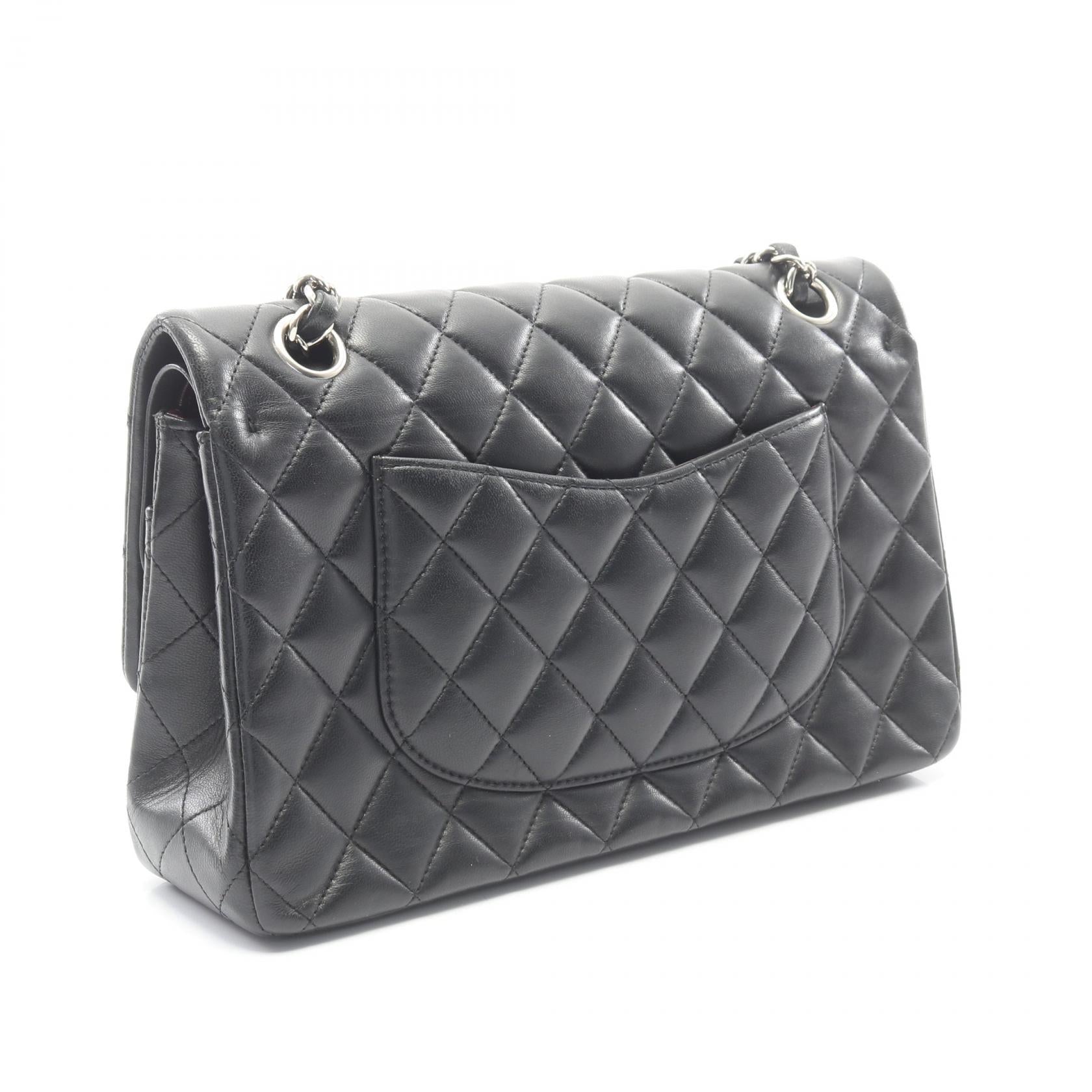 マトラッセ Wフラップ Wチェーンショルダーバッグ ラムスキン ブラック シルバー金具 シャネル バッグ CHANEL