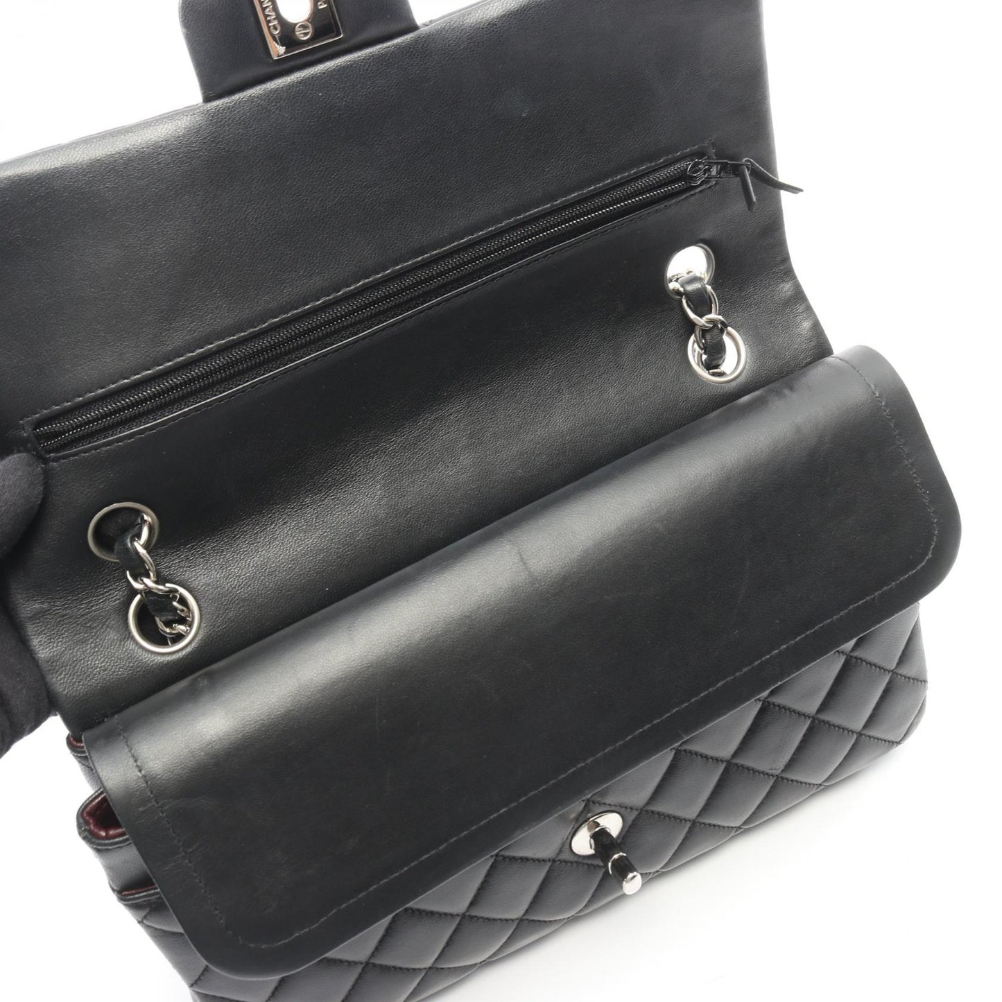 マトラッセ Wフラップ Wチェーンショルダーバッグ ラムスキン ブラック シルバー金具 シャネル バッグ CHANEL